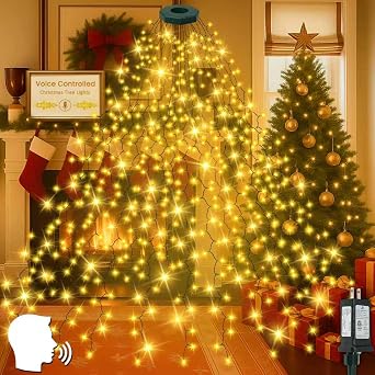 480LED Easy Christmas Tree Lights 8FT Voice Control Cascading Twinkle Light | 16 Strings, Warm White, Voice & Button Controlled, 7 Commands, 12 Modes, Timer, Waterproof for Outdoor Indoor Xmas Tree Decor