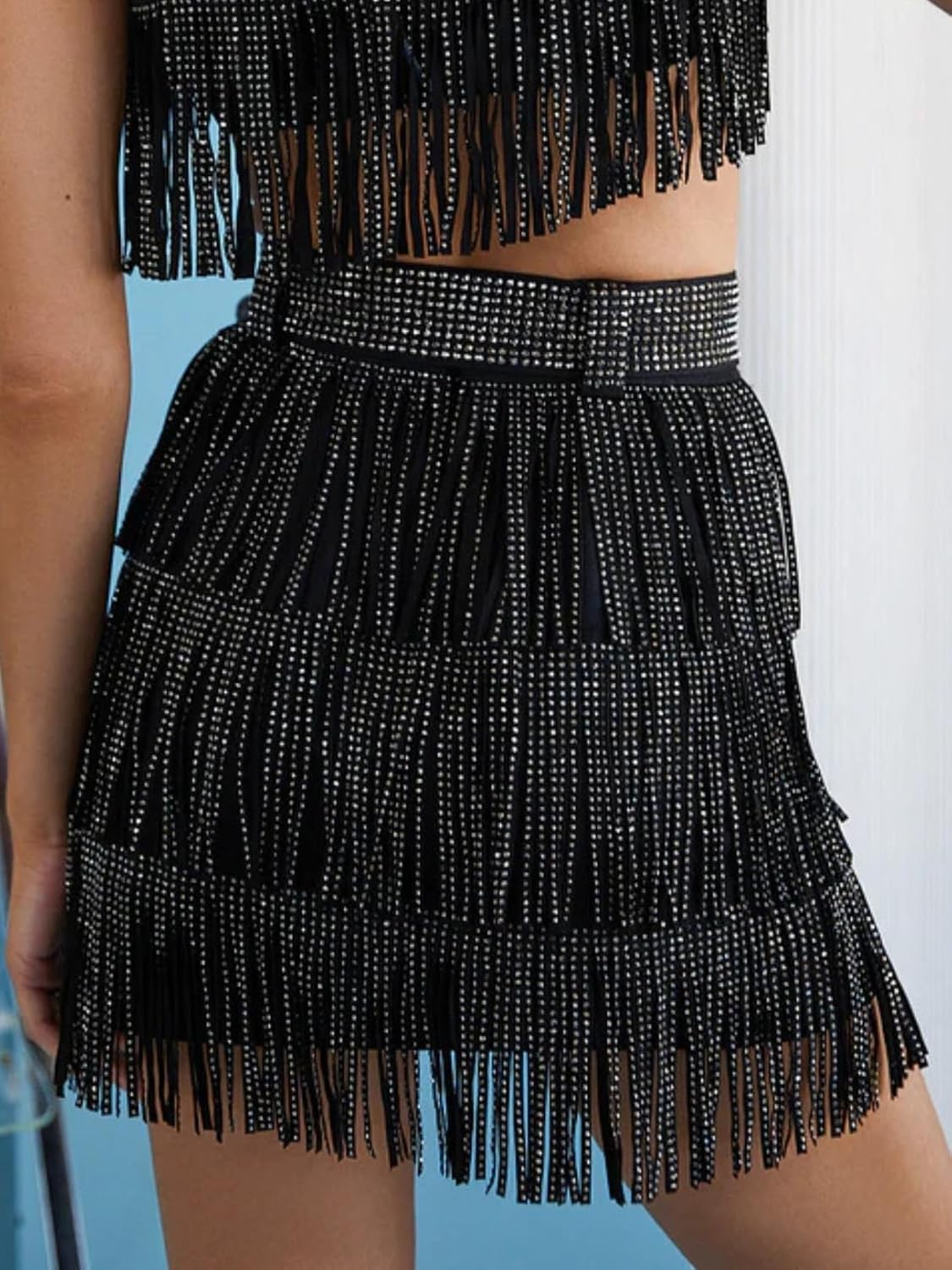 Womens Sparkle Rhinestone Fringe Skirt Elastic Waistband Short Mini Dress with Adjustable and Removable Belt - Image 4