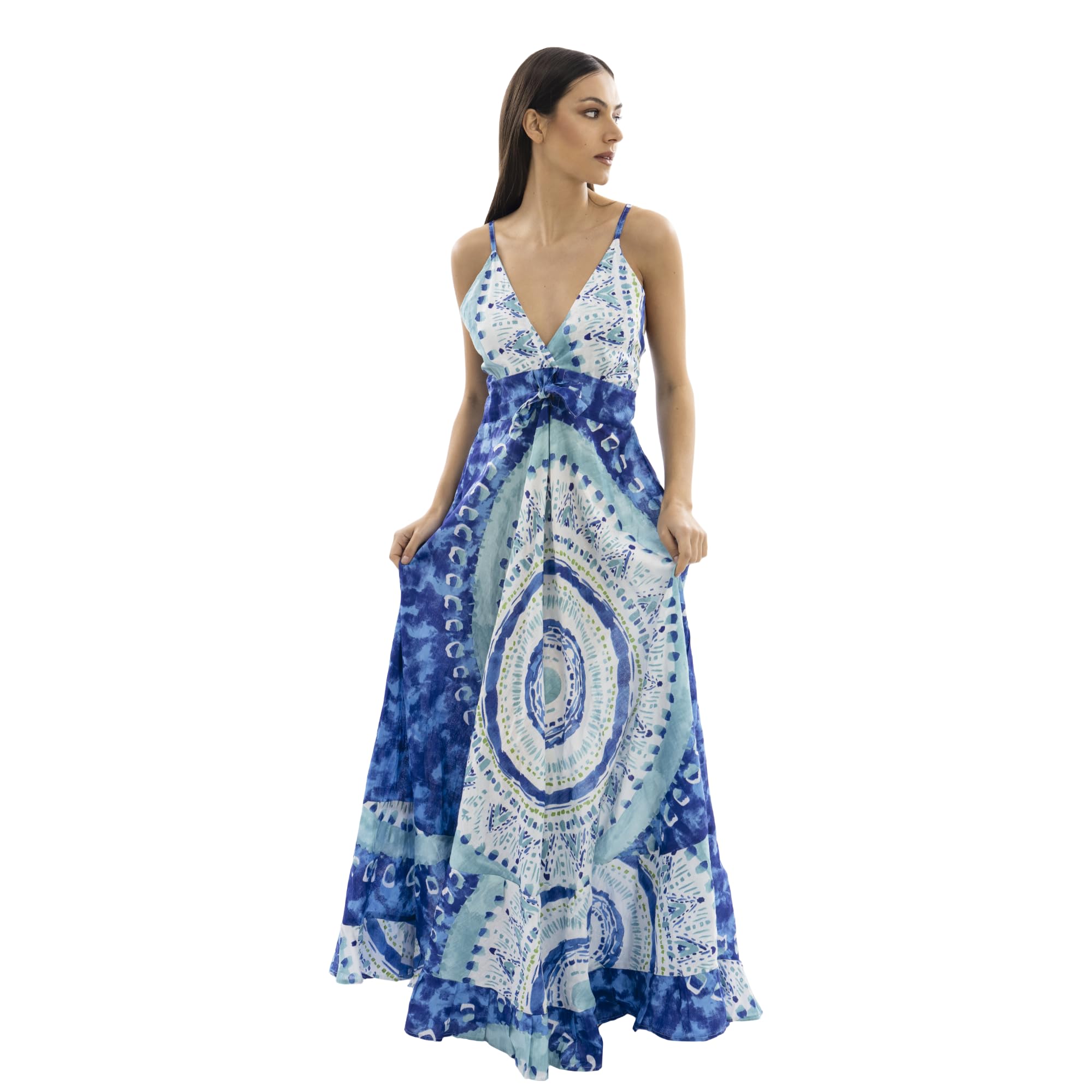DIVINA Vestito Lungo Estivo Donna, Cotone 100%, Stampa Limoni Blu e Giallo, Scollo Triangolo - Vest 174 - S01