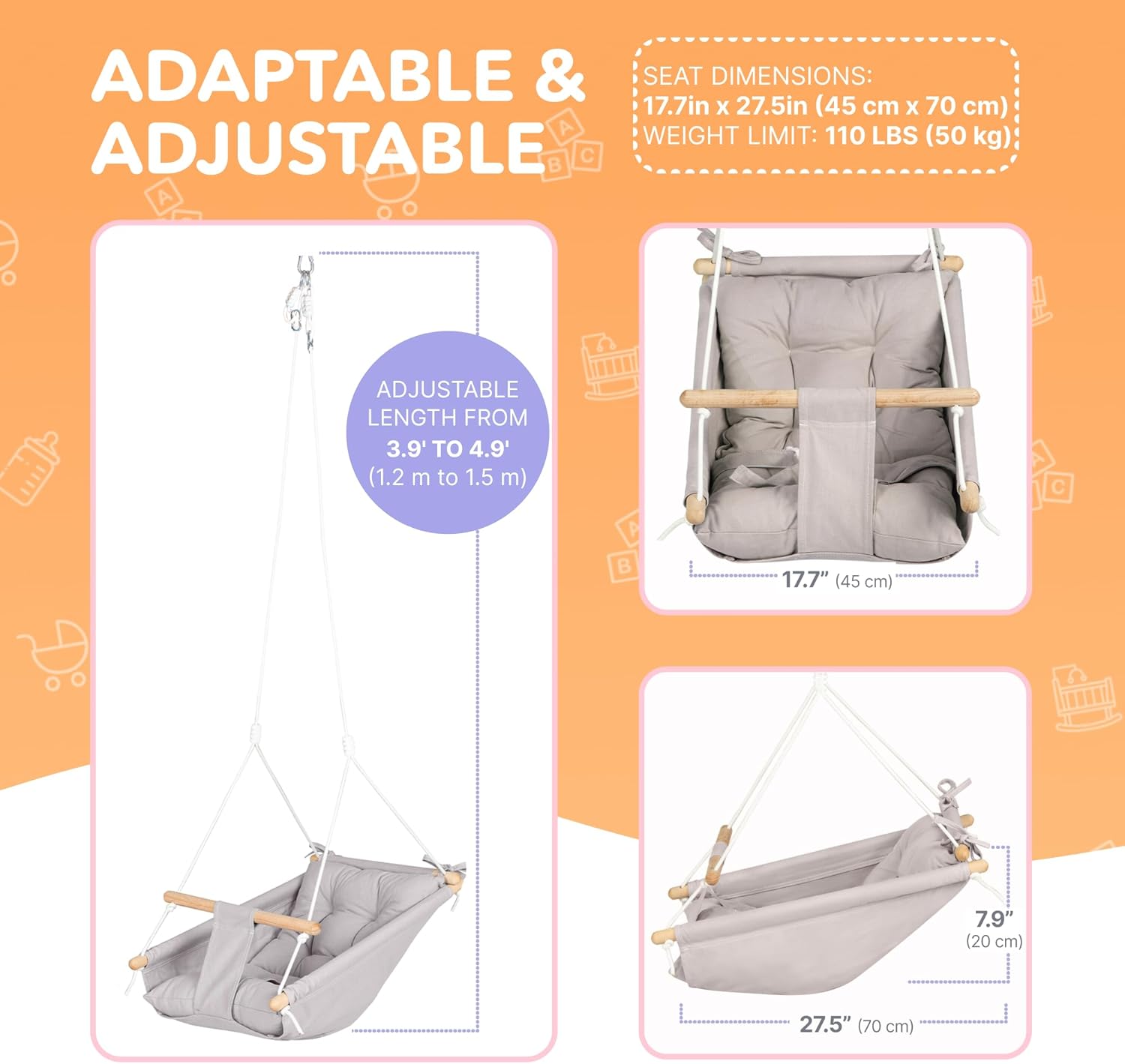 CaTeam Canvas Toddler Swing – Indoor/Outdoor Hanging Chair for Patio & Playroom with Safety Belt – Wooden Baby Seat for Ages 18+ Months – Taupe Gray