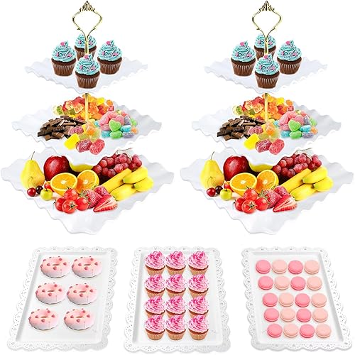 Juego de 5 soportes para cupcakes, juego de mesa de postres con 2 soportes para cupcakes de 3 niveles + 3 bandejas de aperitivos perfectas (onda)