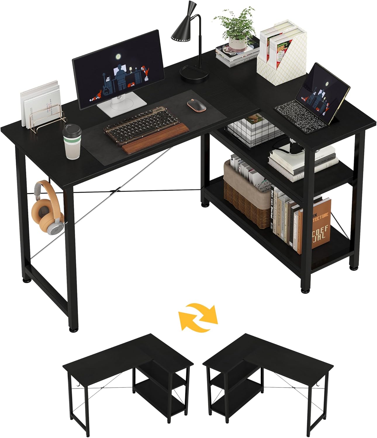 CAIYUN L Shaped Desk 120CM Computer Desk Study Office Desk Gaming Desk Writing Table With Bookshelf Reversible Corner Desk For Home Office Studio Workstation