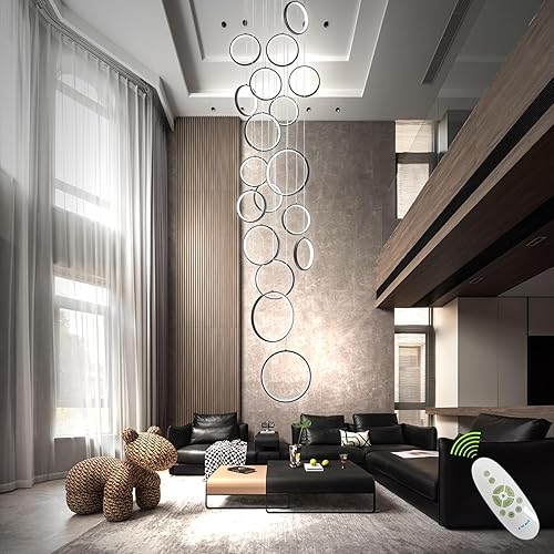 Miniatura 4 de Candelabro grande para techos altos y escaleras largas, lámpara de vestíbulo de 18 anillos con control remoto regulable y altura ajustable