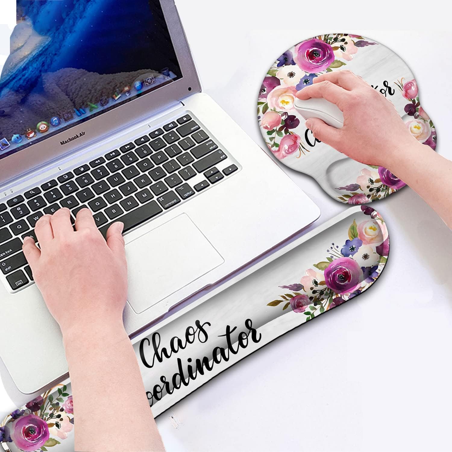 Ergonomic Mouse Pad with Wrist Support Gel, for Laptop Computer Keyboard Wireles Mousepad for Office & Home, Long Memory Foam Keyboard Wrist Rest, Chaos Coordinator Watercolor Flower White Mousepad