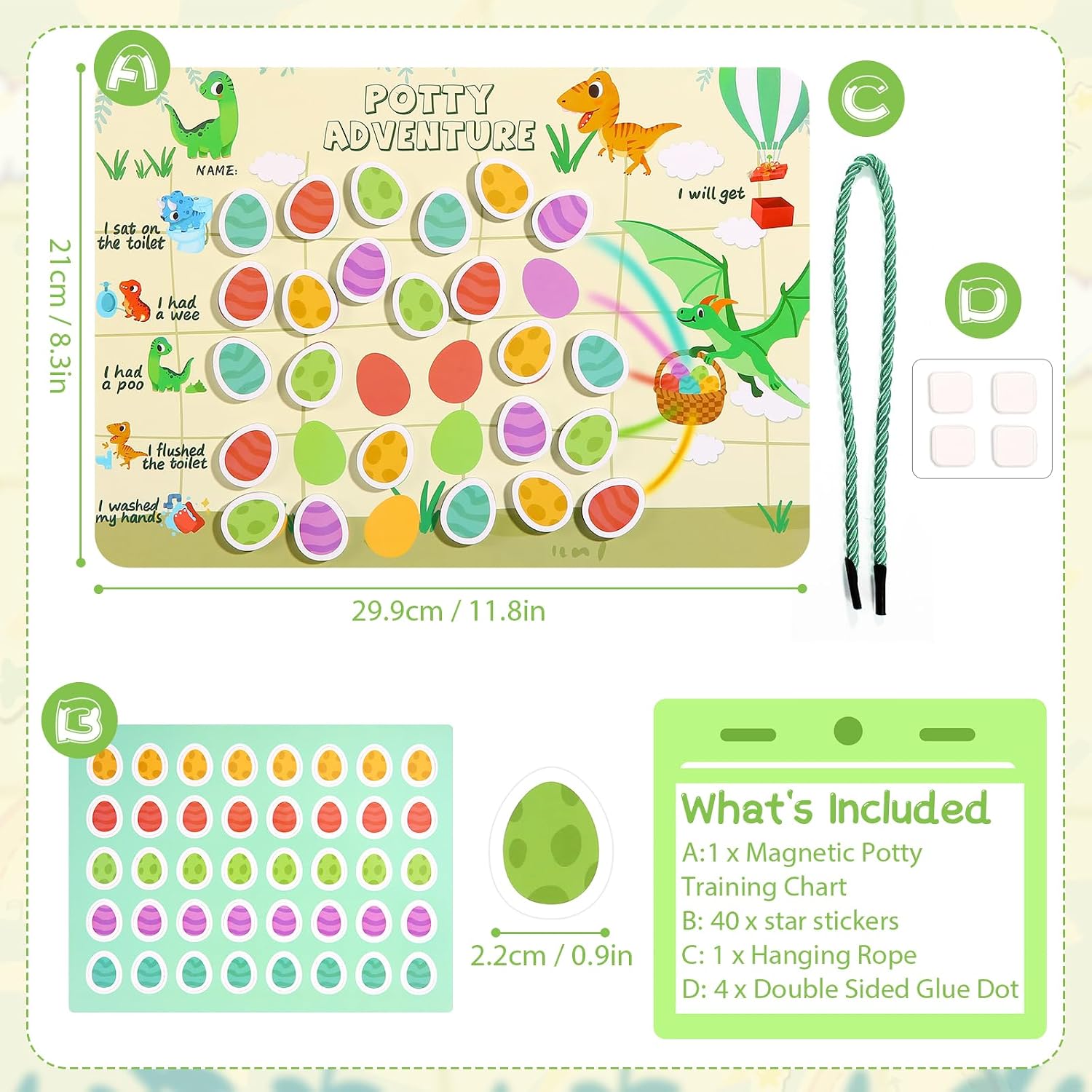 Reusable Magnetic Potty Training Chart, Made of EVA Foam - Includes Hanging Rope and Strong Double Sided Glue Dot, Durable and Engaging Toddler Potty Training Reward Board (Dinosaur) image 2