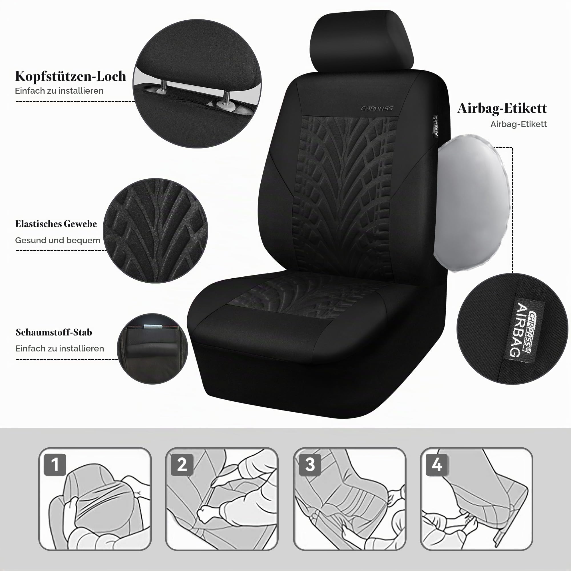 CAR PASS Autositzbezüge Komplettes Set, Vorder und Geteilte Rückbank, 3D Reifendruck Auto-Innenbezüge, Airbag Kompatibel, Schnelle Einrichtung, Universelle Passform(Komplettes, Alles Schwarz)