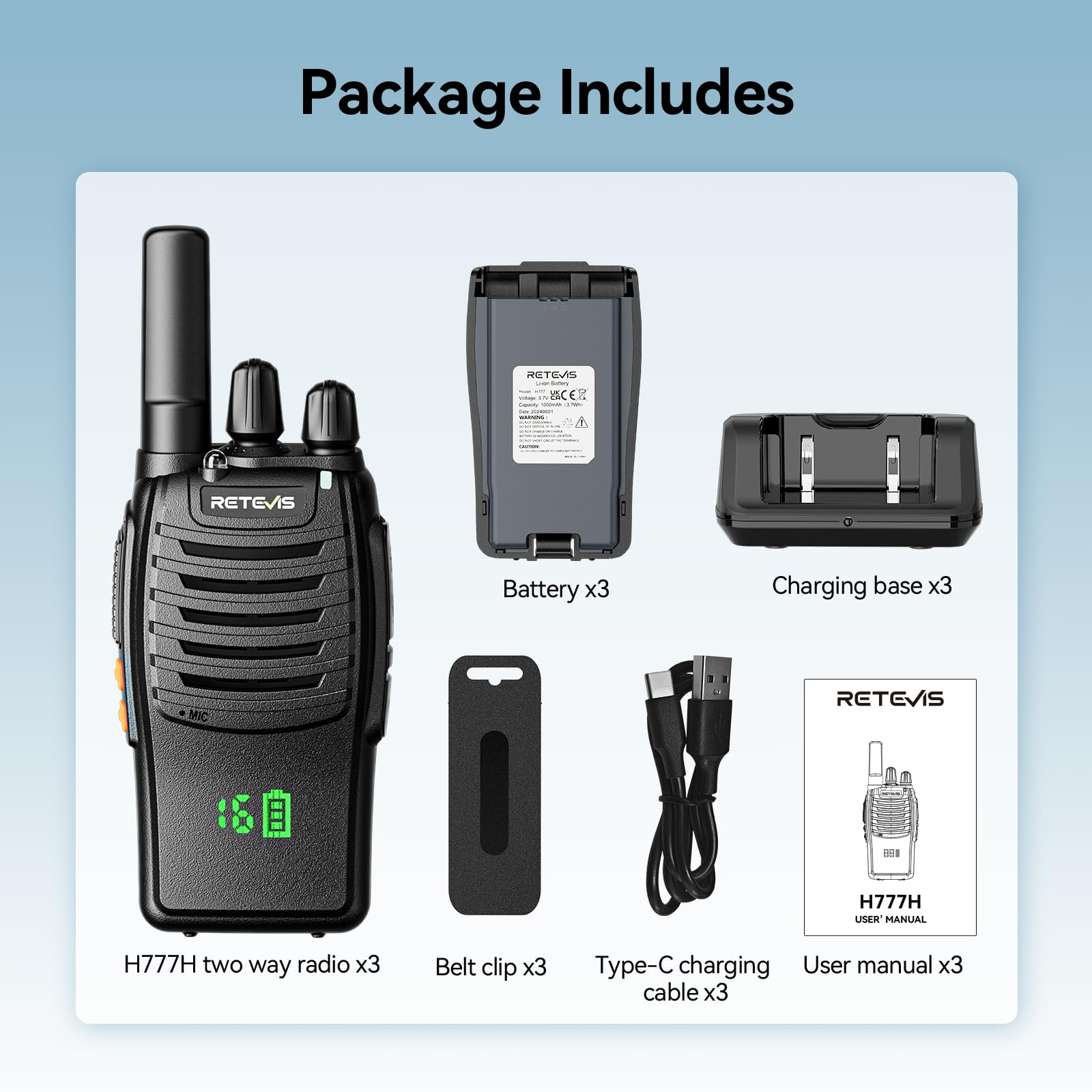 Retevis H777H Talkie Walkie, Talkie-Walkie Professionnel avec Écran, Charge de Type C et USB Chargeur, Walkie Talkie Longue Portée PMR446, VOX, Alarme Clignotantel pour Camping(Noir,3 Pcs)