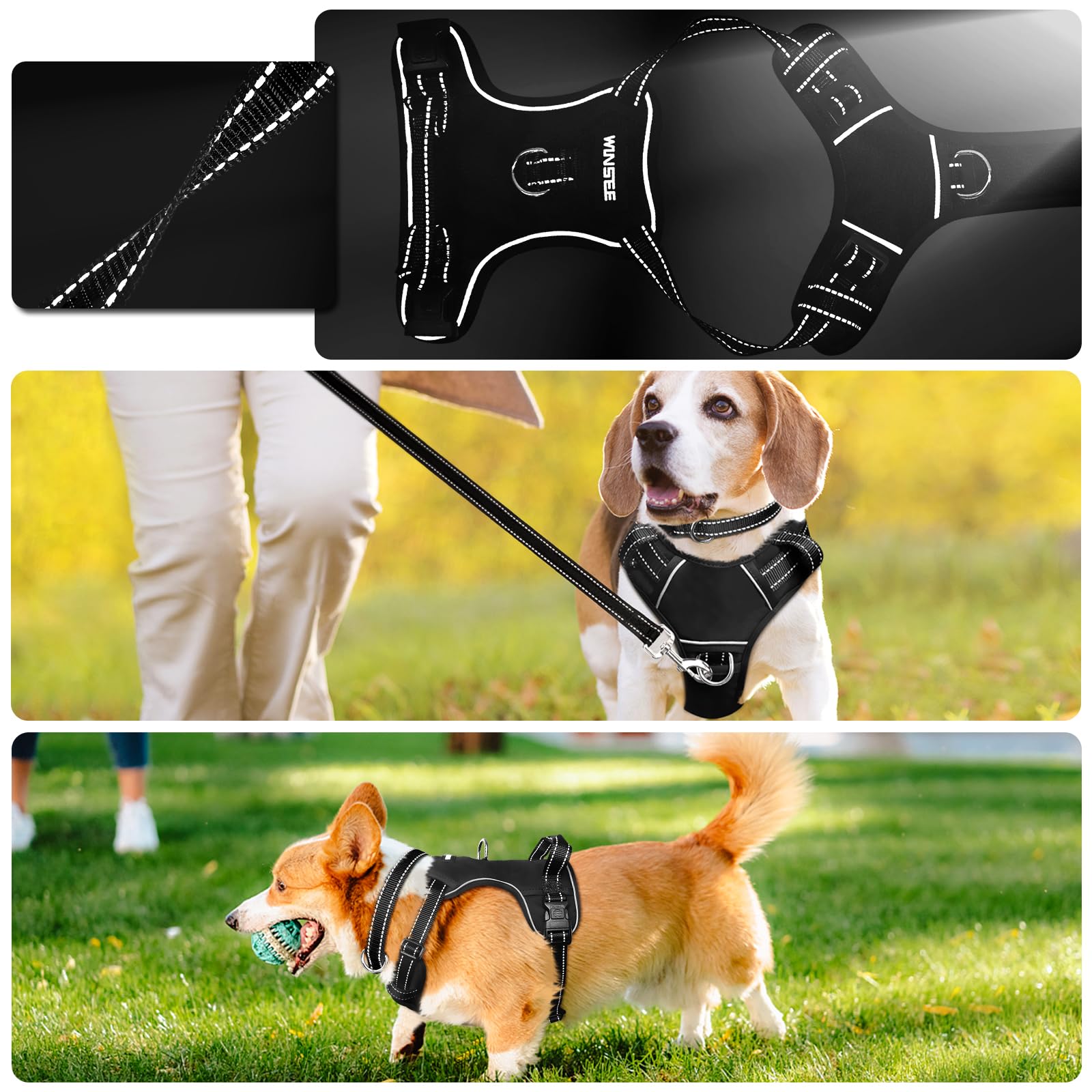 WINSEE Arnés para perro sin tirones, arnés para mascotas con collar de perro, chaleco reflectante ajustable Oxford para exteriores, clips de correa delantera/trasera para perros pequeños, medianos,