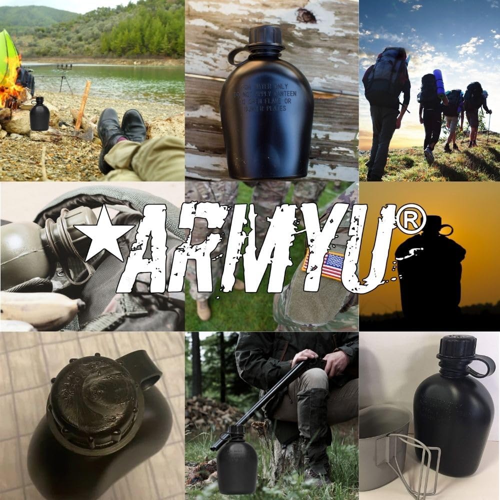 Army Universe Black Genuine GI 1 Quart Plastic Canteen & Black MOLLE II Canteen Cover & Utility Pouch