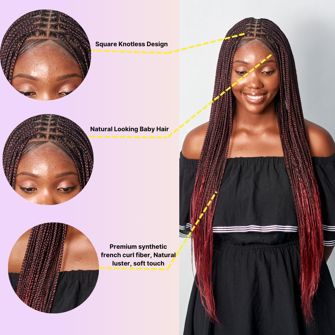 Wow Braids 32" 360 HD Transparent Full Lace Knotless Braided Bone Straight Wig – Synthetic, Pre-Plucked With Baby Hair, Color TBUG-Two-Toned Burgundy, Handmade Box Braids Wig for Black Women