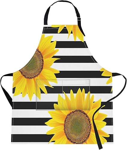 Britimes Delantal de cocina para el hogar, cocina, horneado, jardinería para mujeres y hombres con bolsillos, girasoles a rayas, flores blancas y