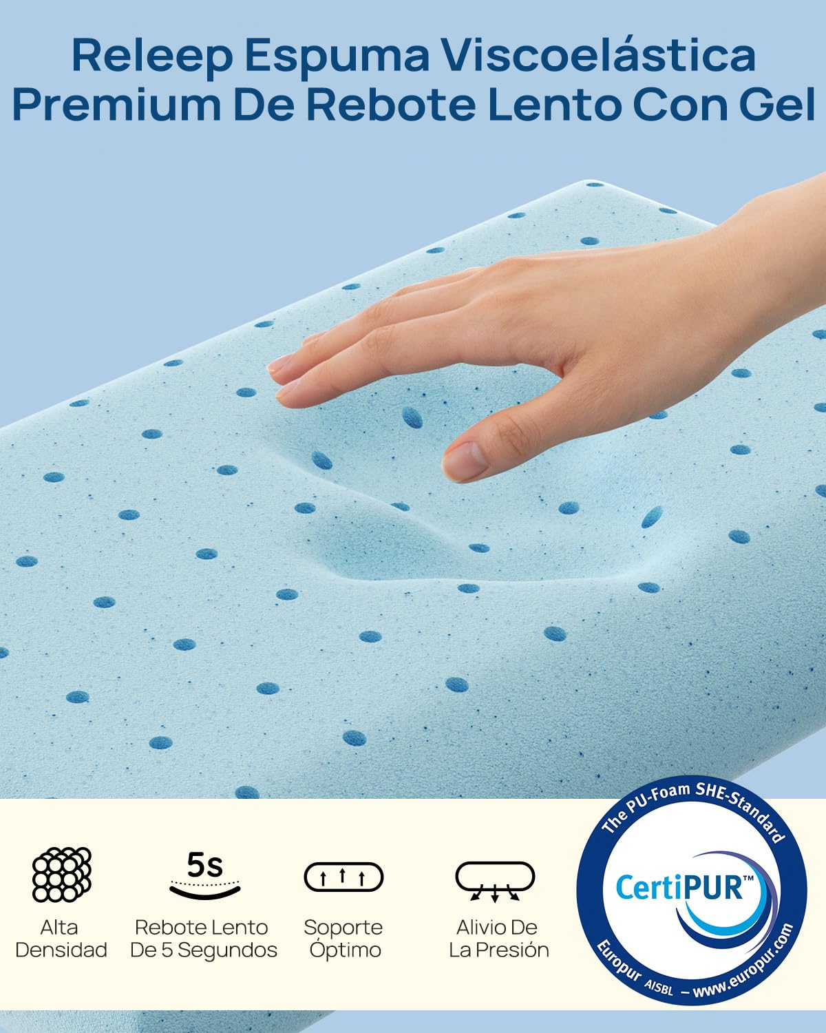 Releep Almohada Espuma viscoelástica y Gel, ergonómica para durmientes Laterales y de Espalda, certificada con Oeko-Tex y CertiPUR-US, tamaño King, 10 cm de Altura