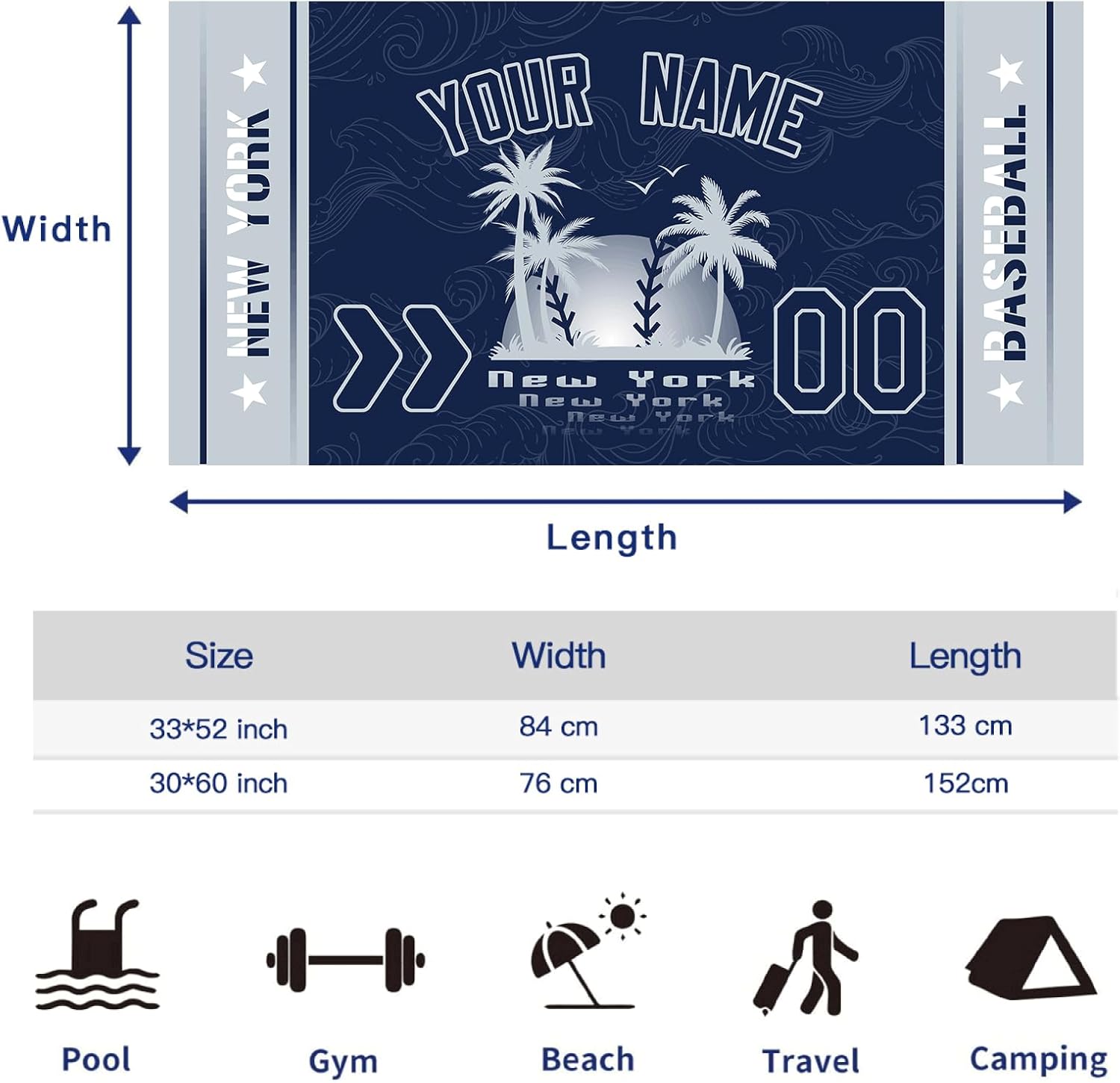 GENERIC Custom New York Personalized Baseball Beach Towel 30"" X 60"", Add Name Number, Gifts for Men Women Fans.