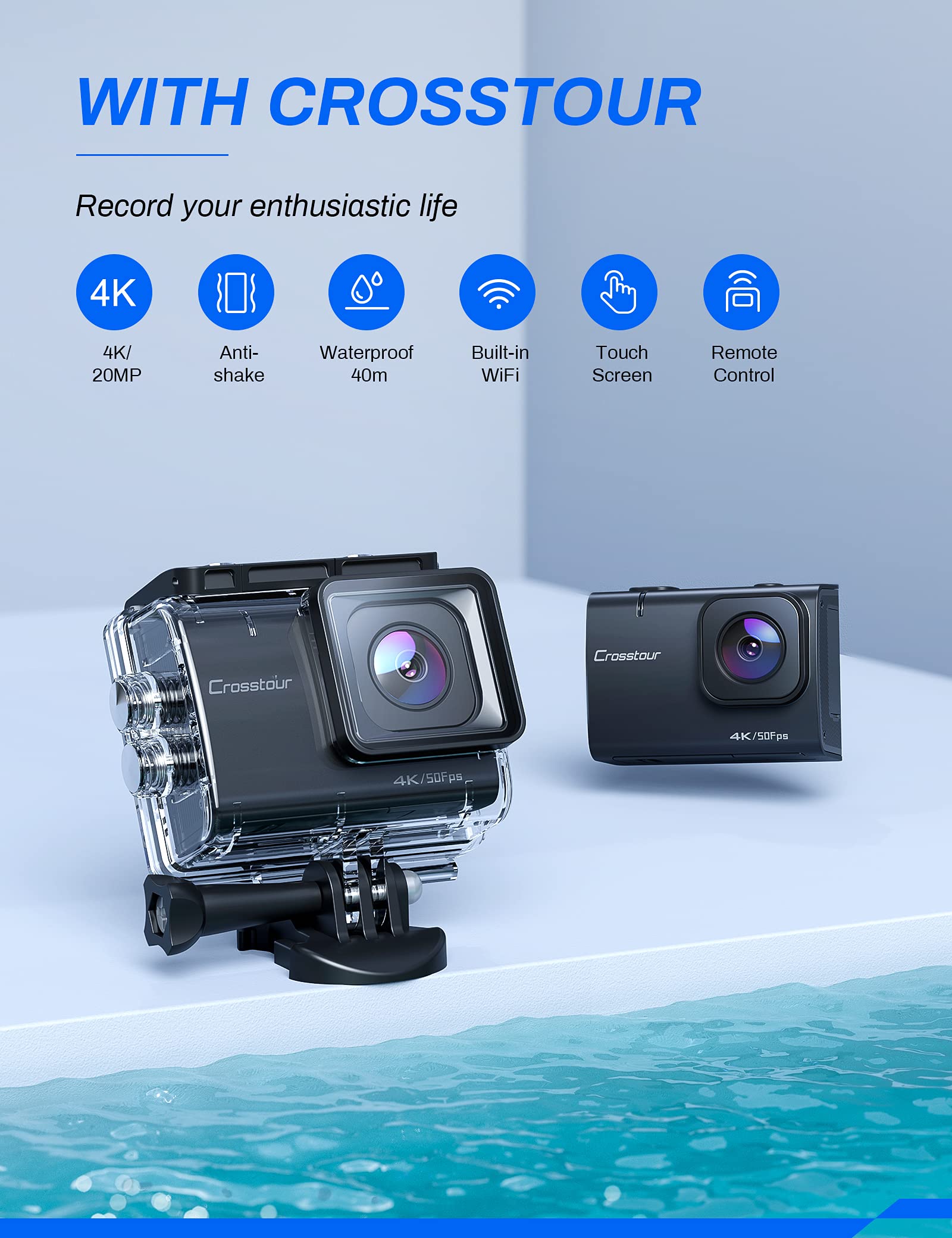 Cámara de acción 4K 30 FPS, sumergible a 40 m, WiFi, cámara para casco CT9500 EIS 2 baterías de 1350 mAh y cargador de batería