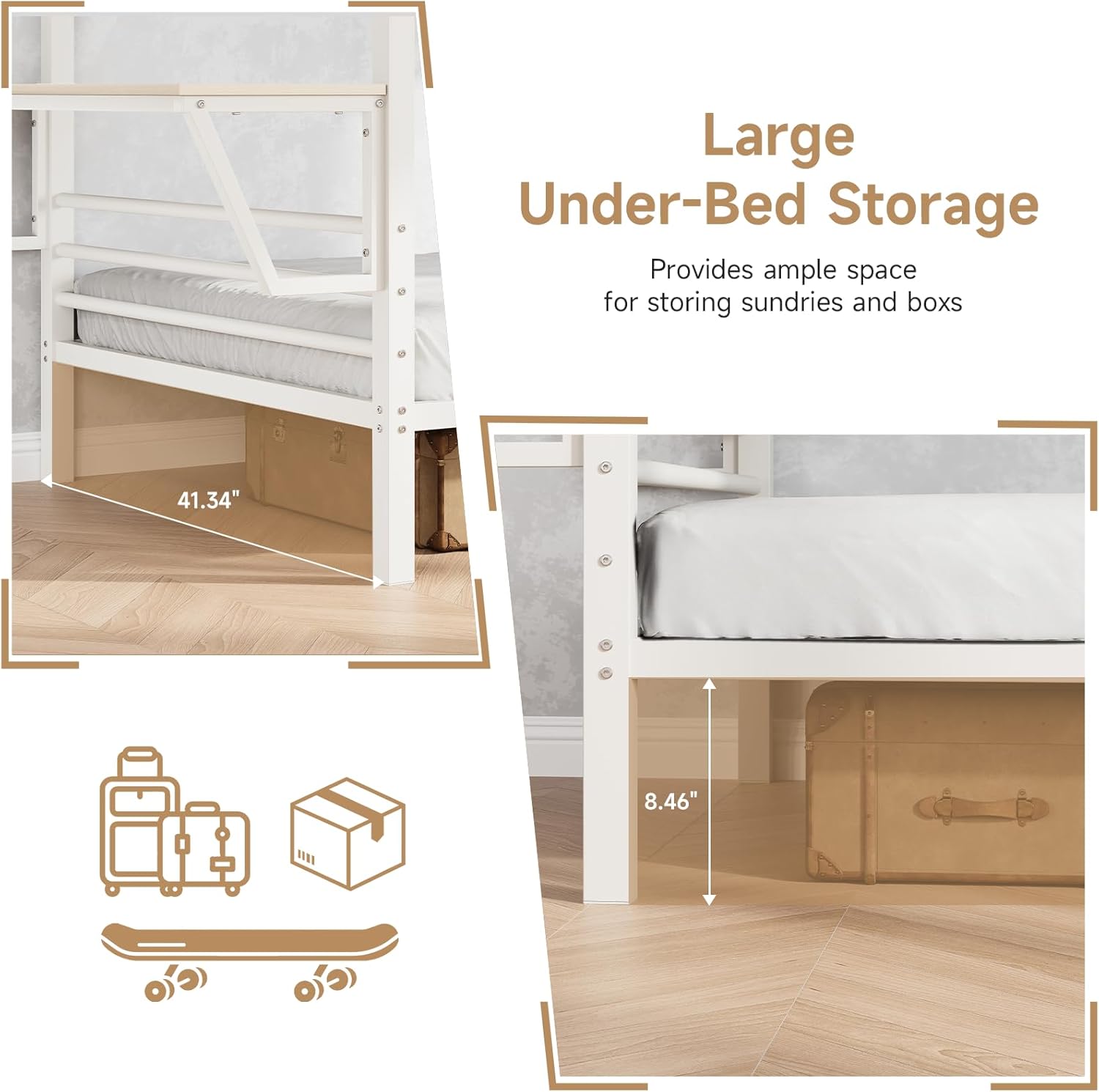 Bunk Bed Twin Over Twin with Charging Desk, Heavy Duty 2 Decker Bed, 2-Tier Metal Bed Frame with Safety Guardrail & Stairs, Upper Bed with Extra Shelf, Easy Assembly for Juniors Bedroom, Dorm, White