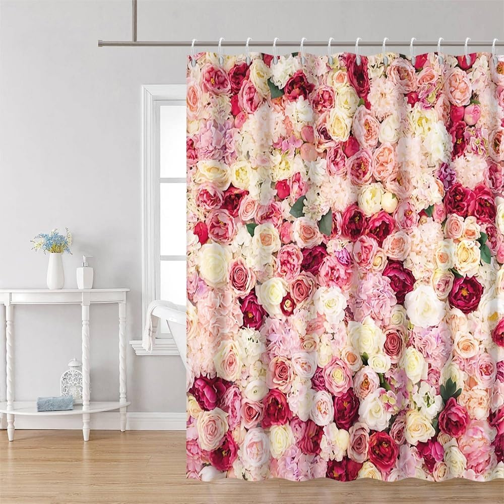 Leyiyi Spring Floral Shower Curtain Green Leaves Red Pink Flowers Wall Shower Curtains with Hooks 3D Colorful Romantic Roses Bathroom Curtain Machine Washable Waterproof Fabric 72x72 Inch