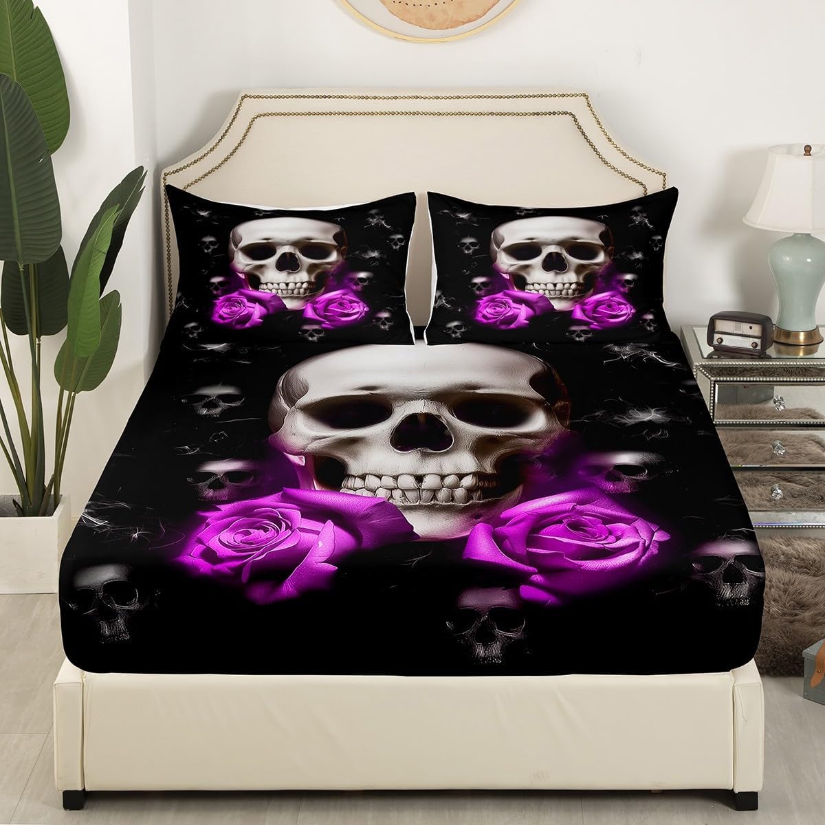 Erosebridal Sugar Skull Fitted Sheet Purple Floral Bedding Set Gothic Skull Print Bed Cover for Kids Youth Adults Room Decor Skeleton Bones Blossoms Bedclothes with 1 Pillow Case TwinXL