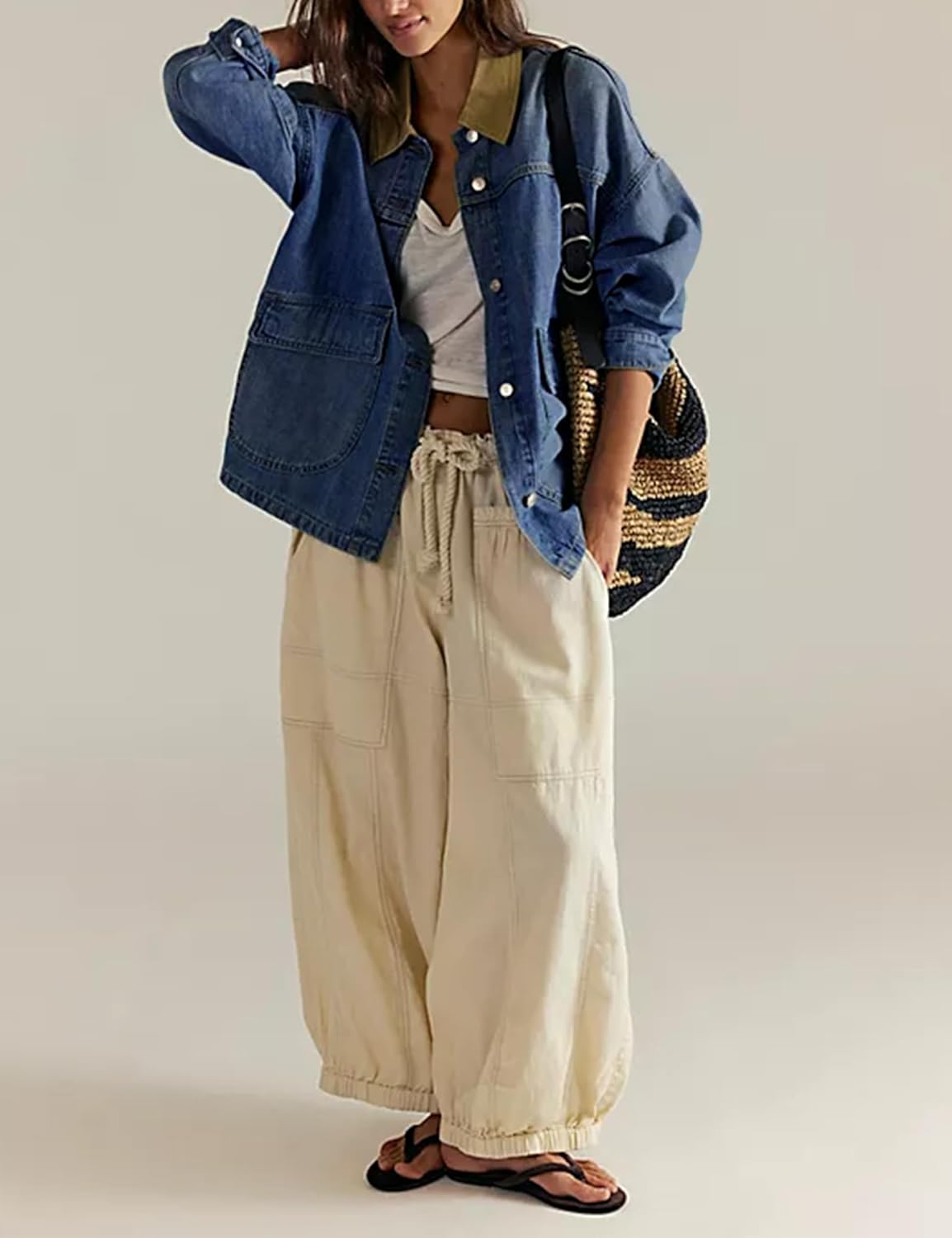 Yeokou Women's Oversized Contrast Collar Denim Barn Jacket Button Down Big Pockets Spring Fall Transitional Outfits(Blue-S) - Image 5