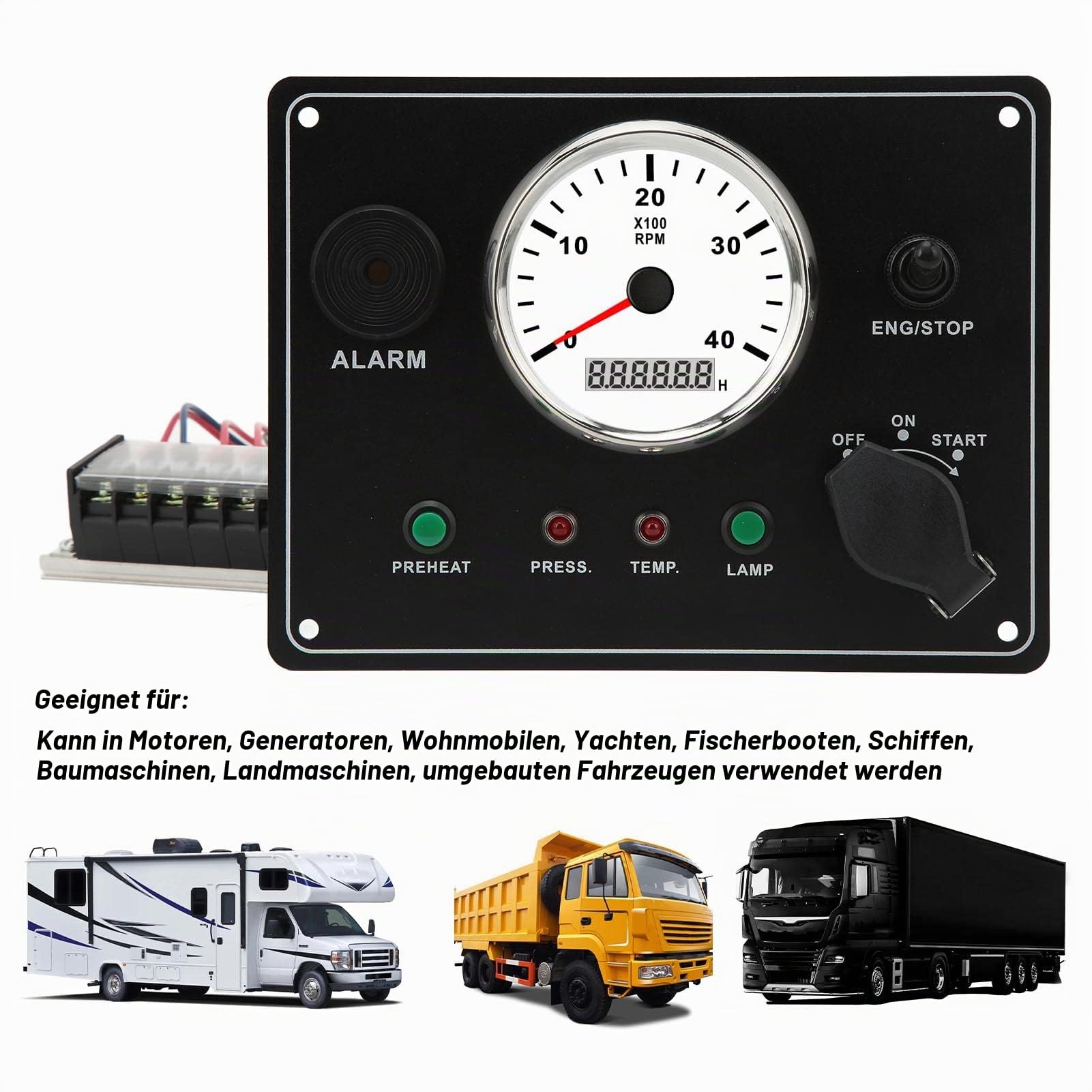 Instrumententafel für Boote, Instrumententafel für Boote mit Tahcometer, Multifunktions, 4000 U/min, Motoren, Stopp, Start, EIN, AUS, Wassertemperaturalarm, IP67 Wasserdicht (12V)