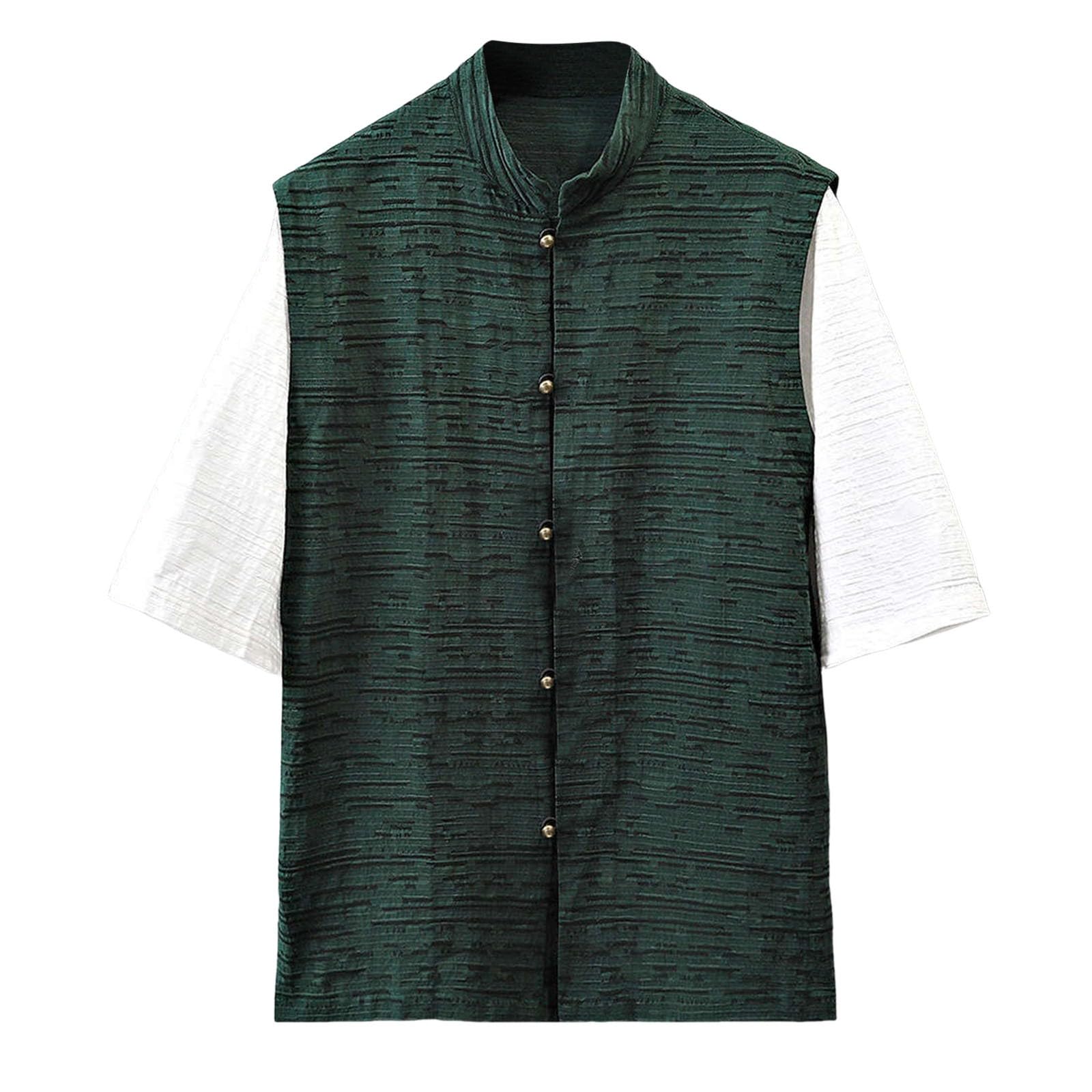 Camisa de Lino Hombre Manga 3/4 Verano Camisa Casual Hombre Cuello Redondo Diseño Combinado Ligera Transpirable Estilo Moderno Informal para Playa y Vacaciones