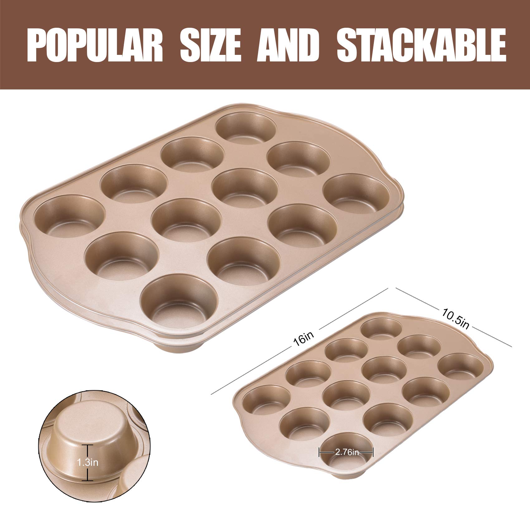 Antihaft-Muffinform 12, große Cupcake-Pfannen zum Backen, Muffinform für den Ofen, 2er-Pack, 12 Tassen, Gold
