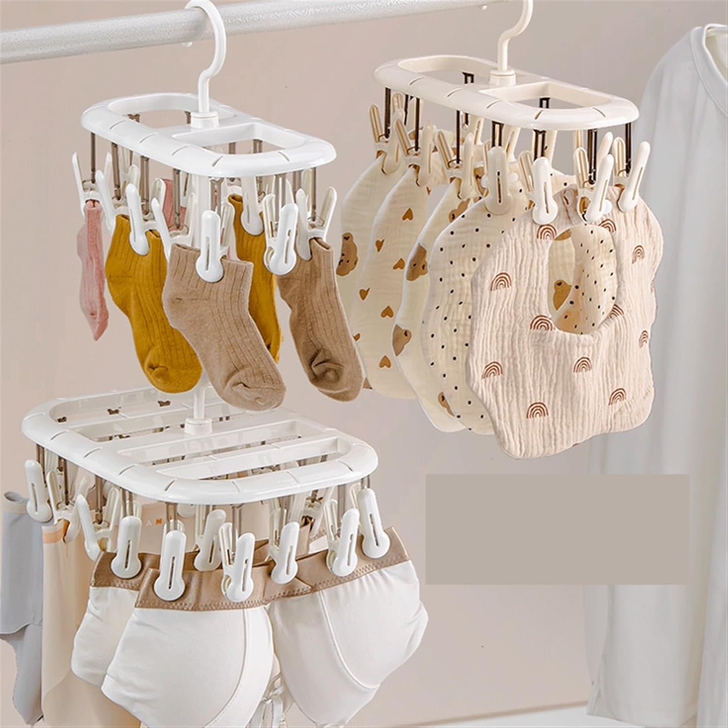 Drying Hanger with 12 Clips, Plastic, Sock Drying Rack, Square, for Drying Towels, Bras, Lingerie, Baby Clothes(A,28.5 * 19 * 21.5cm)