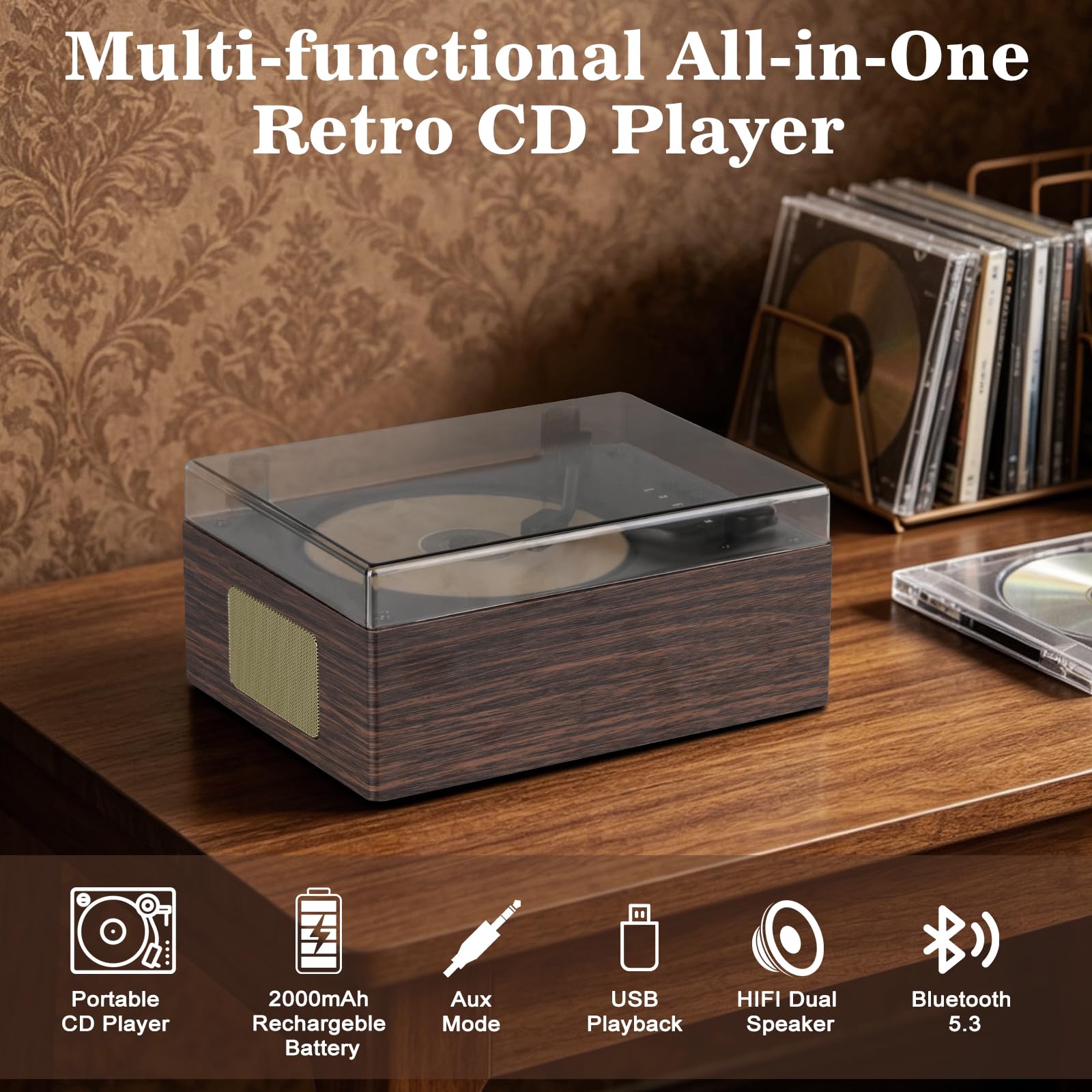 Lecteur CD Bluetooth 5.3 avec grain de bois pour la maison, lecteur de musique rétro de bureau, double haut-parleur Hi-Fi avec télécommande