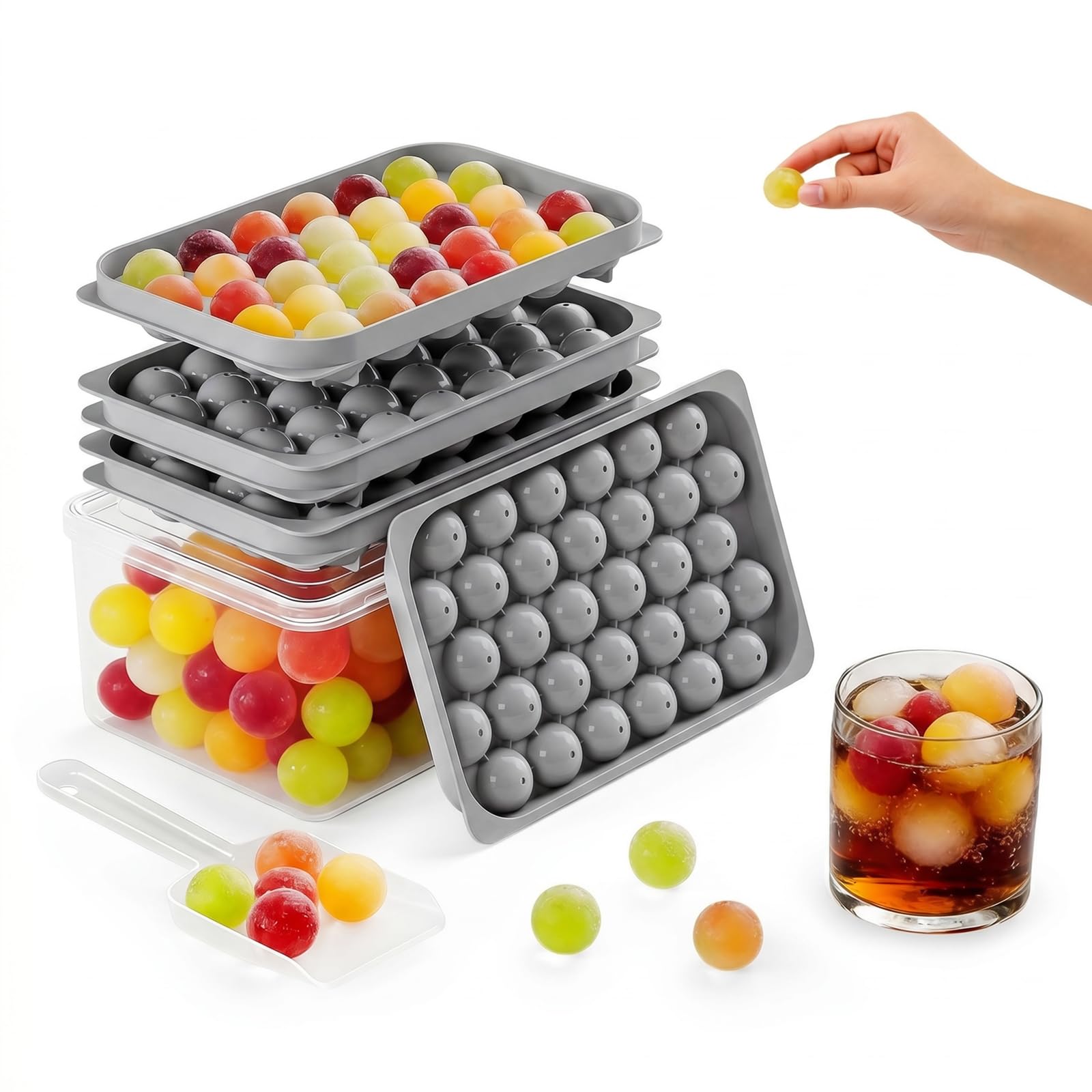 Round Ice Cube Trays with Lid and Ice Bin Storage Container, Sphere Ice Cube Mould 3X 32pcs 2cm Mini Ball Ice Cube Tray for Freezer Easy Release, Circle Ice Cube Moulds for Cocktail, Whiskey, Coffee G — image 1