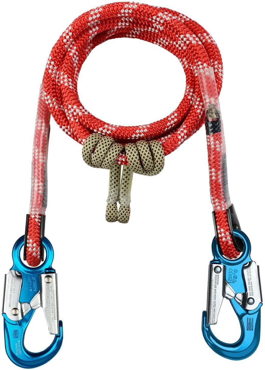 The Red-3 2-in-1 Prusik Positioning Lanyard for Climbing & Fall Protection - Static Kernmantle Rope 1/2 inch Diameter x 15 ft, 5,400 lb MBS - 2 Steel Safety Snap Swivels