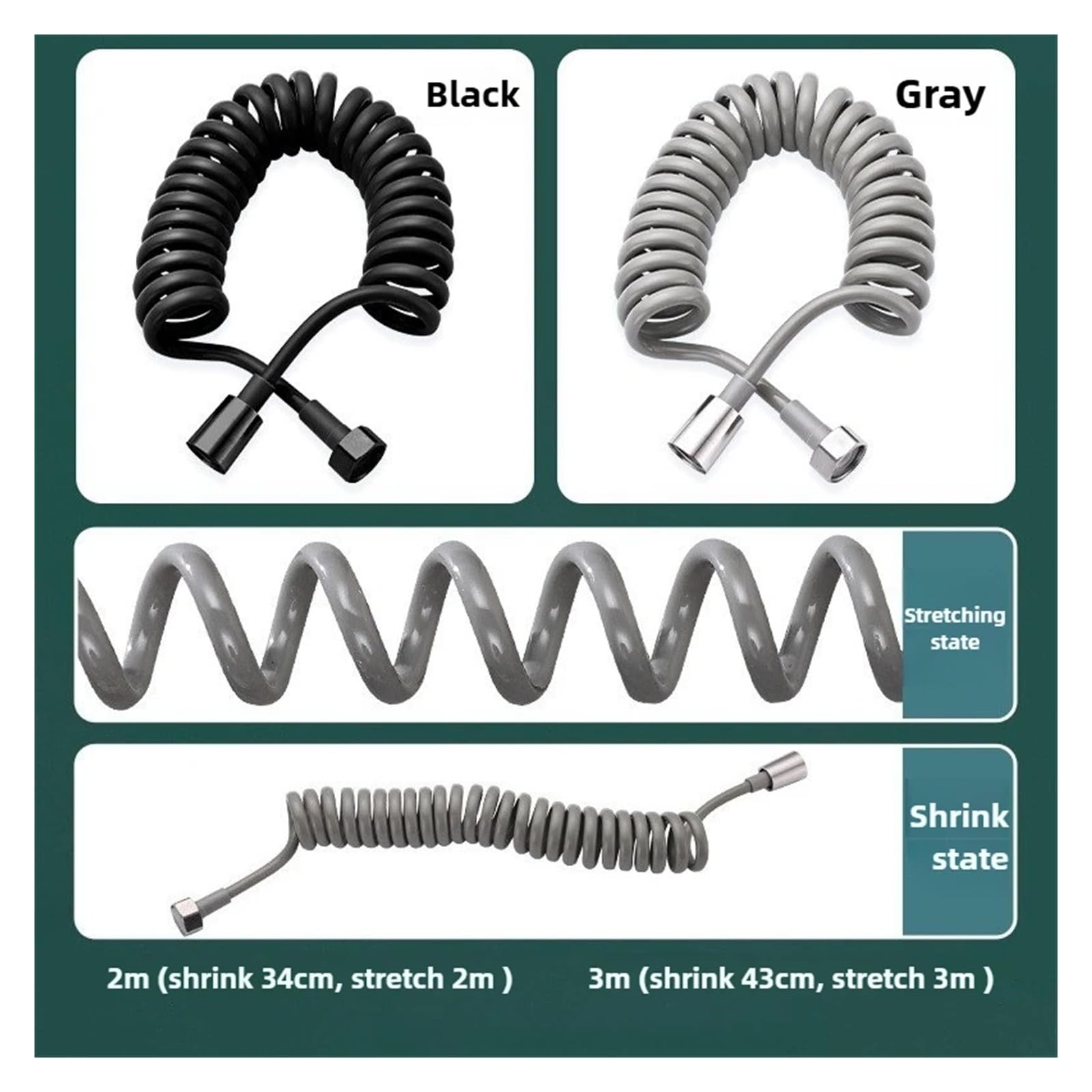 Manguera de ducha retráctil de 1,5 a 5 m, tubo de agua flexible en espiral para cabezales de ducha y rociadores de bidé, tubo de fontanería extensible G1/2 (negro, 2 m)