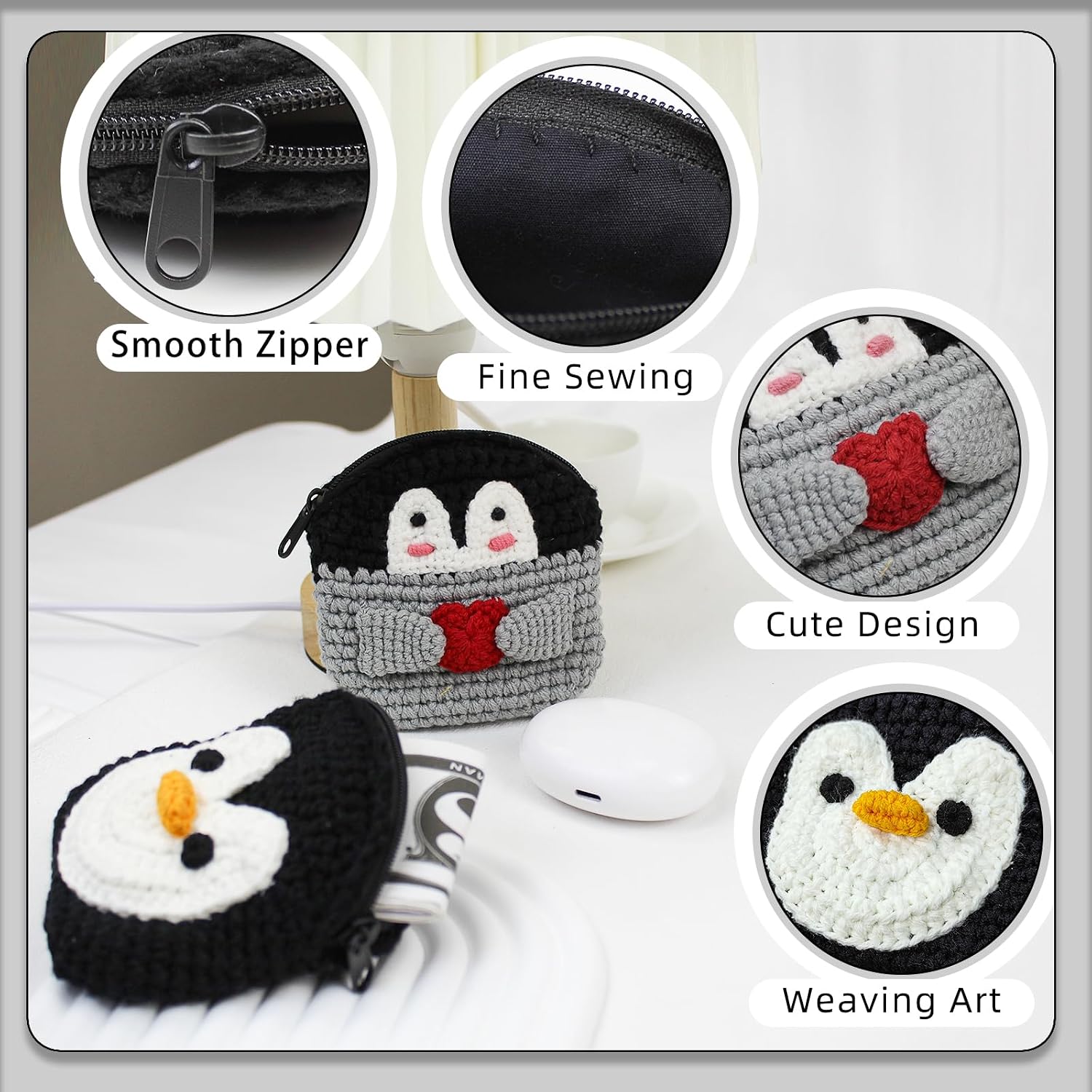 Penguin Shaped Coin Purse Pouch, Crocheted Change Purse Wallet Small Coin Purse for Women and Girls, Hand-made Mini Coin Purse Cute Coin Purse with Zipper for Coin, Keys (black)
