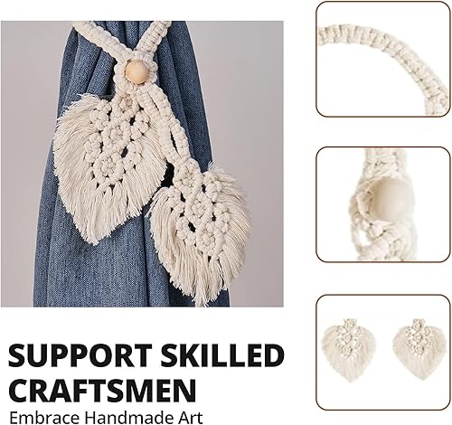 Miniatura 4 de Paquete de 2 alzapaños bohemios para cortinas con cuentas de madera, tejer a mano, sujetadores de algodón para cortinas, hojas dobles, temática de