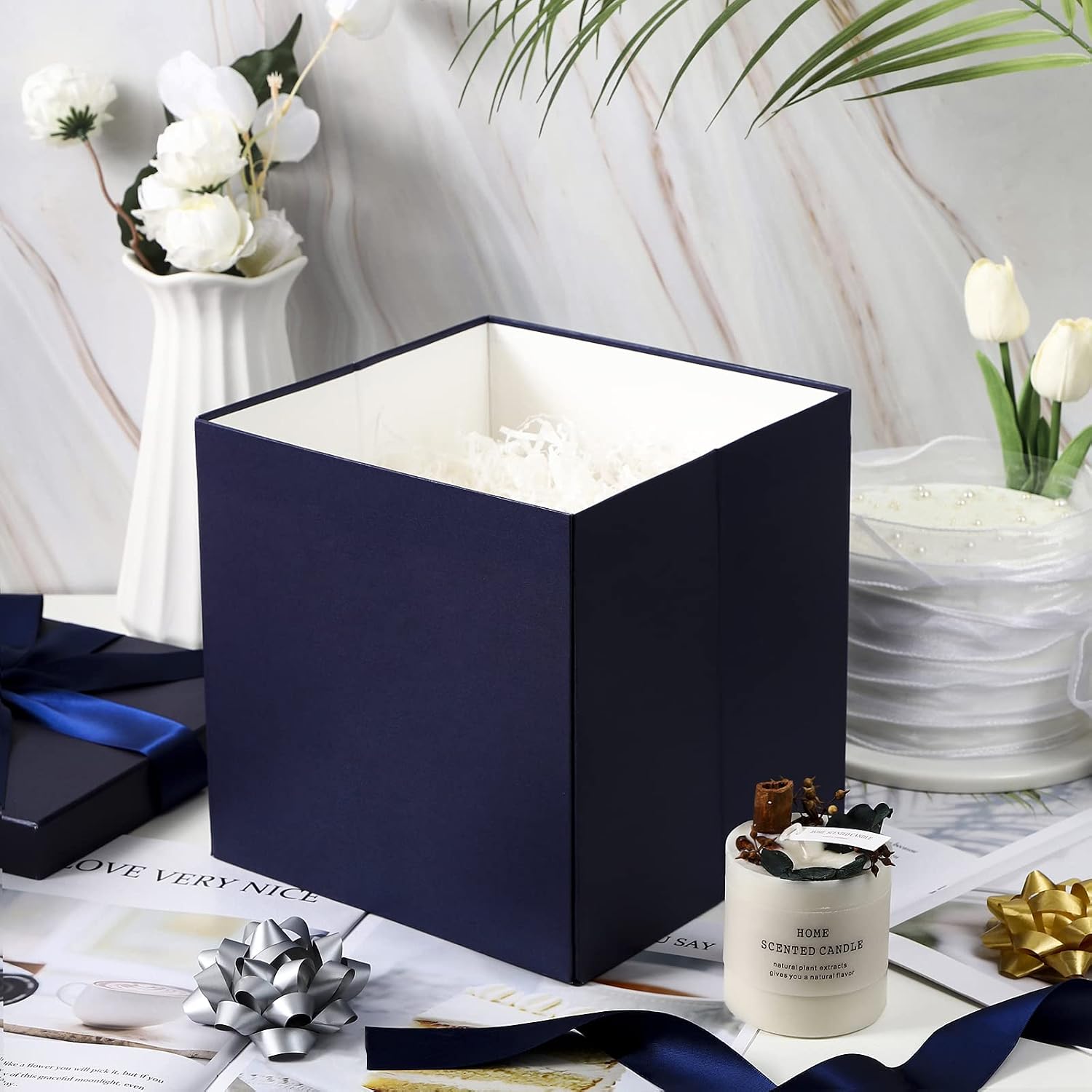 RUSPEPA Navy Blue Medium Gift Box with Lids, Ribbon and Tissue Paper, Collapsible Gift Box Perfect for Birthday, Graduation, Father's Day, Wedding and Groomsmen Gifts, 10x10x10 Inches, 1 Pcs image 5