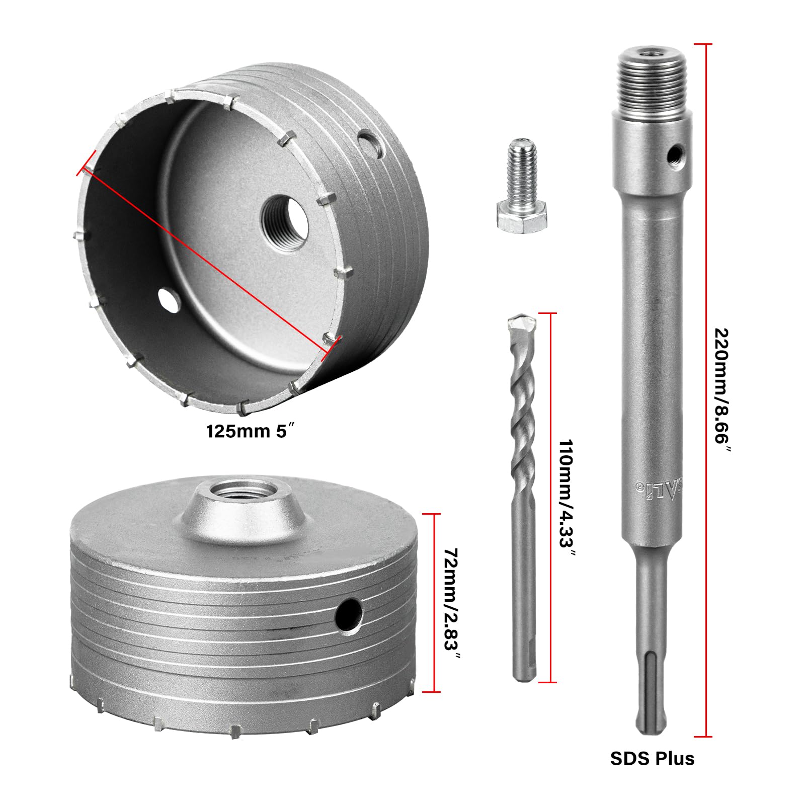 SALI punta da trapano 125 mm SDS Plus M22 filettatura SDS Plus gambo 220 mm muro sega a tazza set sega a tazza con per centro in carburo punta da trapano per muratura pietra naturale arenaria pietra