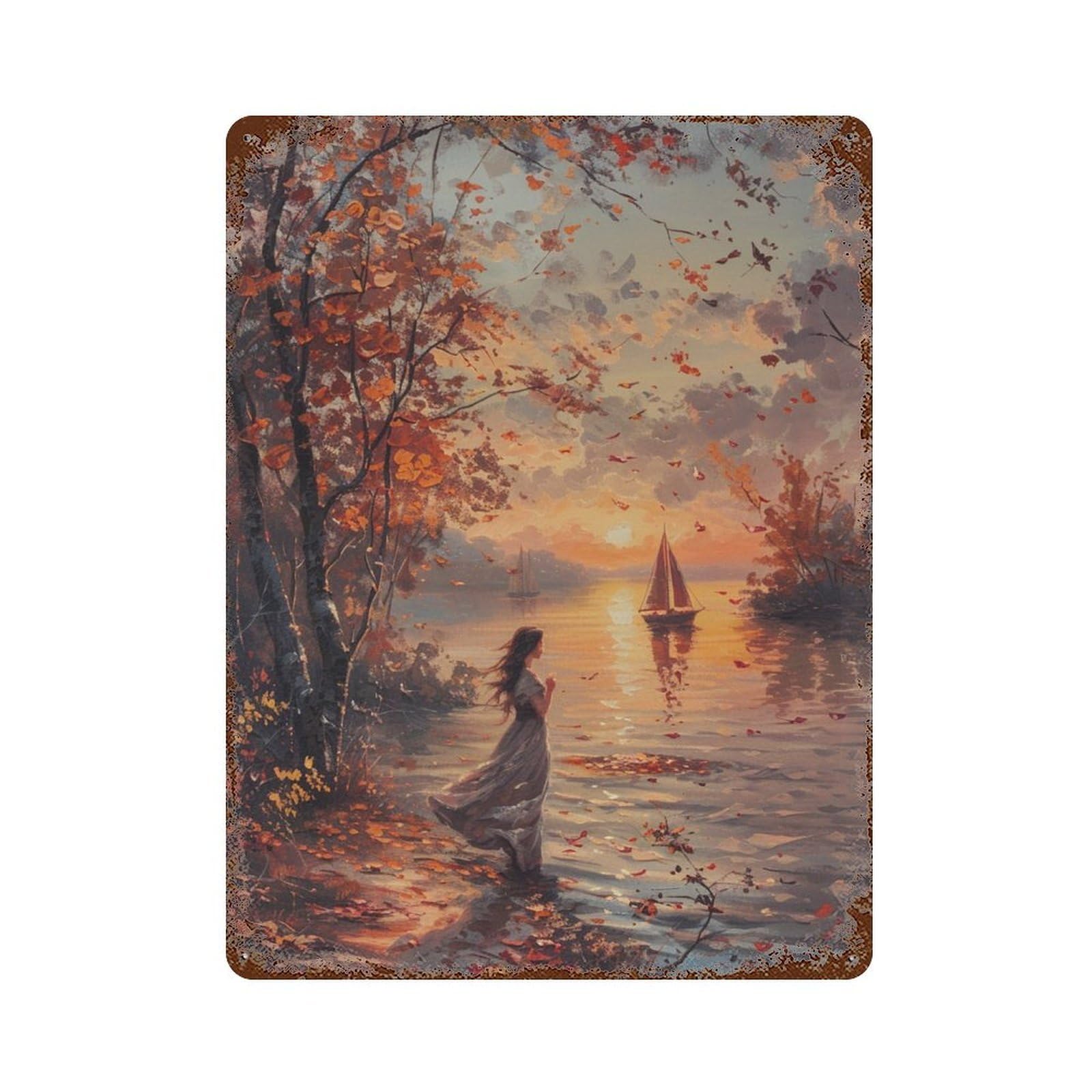 Rustic Tin Plaque with Autumn Serenity by Lake Design 15.7"x11.8", for Pub, Kitchen And Man Cave Decor, Old School Wall Decor