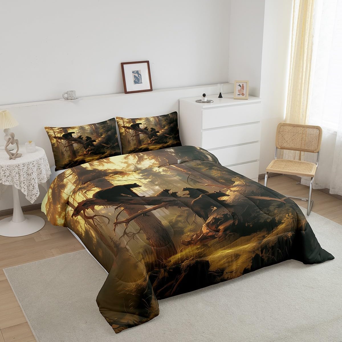 Castle Fairy Warm Bear Family Full Size Comforter Set,Wild Animals Bedding Set for Adults Teens,Children Cute Bear Baby Comforter Luxury Tree Leaf Quilt Set Room Decor 3Pcs