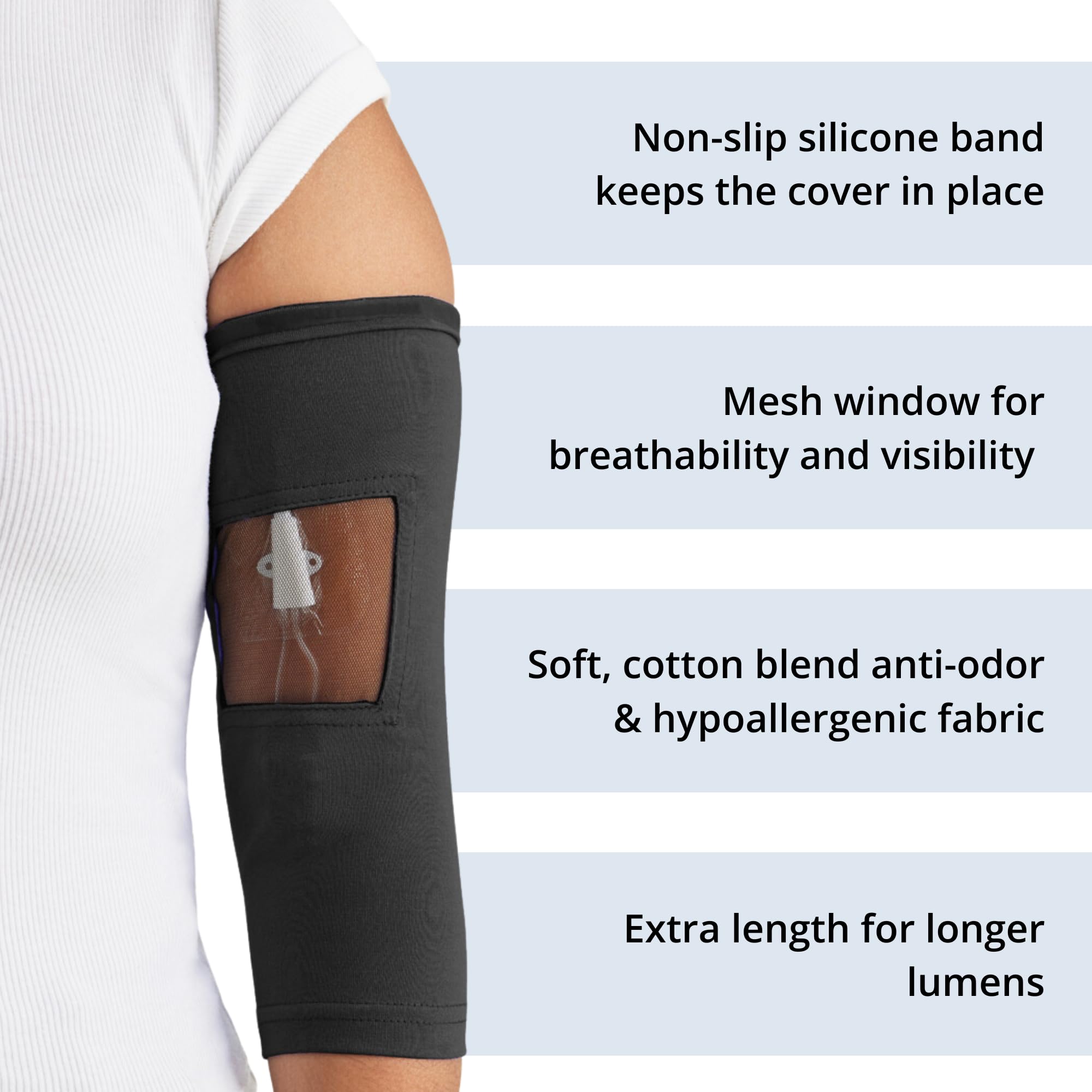 Care+Wear Long PICC Line Cover Ultra-Grip Sleeve for Upper or Lower Arm with Mesh Window, Provides Comfort and Security (X-Small, Black)