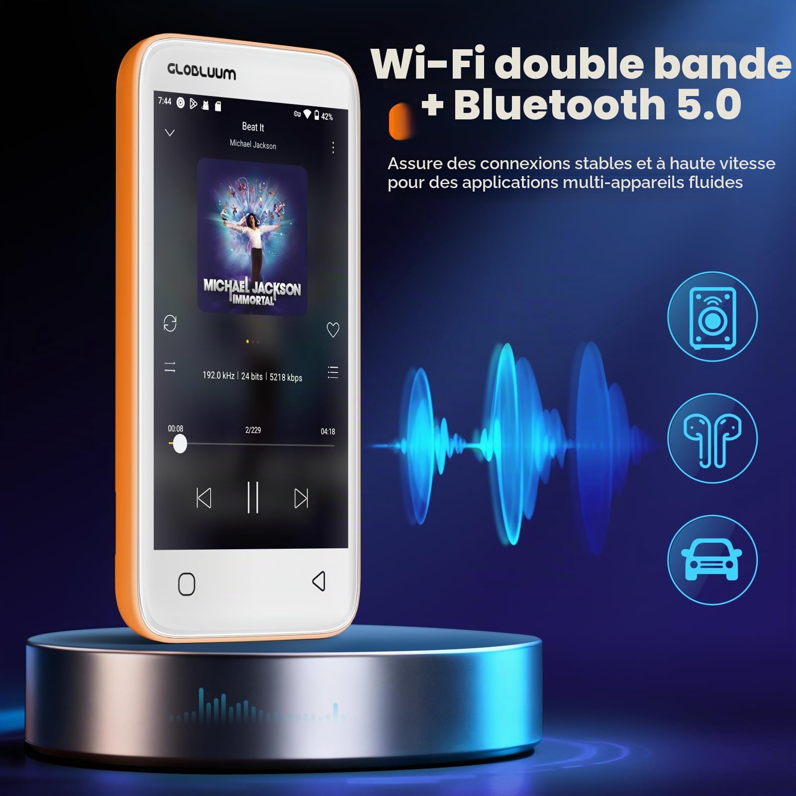 Lecteur MP3 96 Go avec Bluetooth 5.0 et WiFi, Lecteur de Musique Compatible Spotify, Audible, Amazon Music,Lecteur MP4 Android à écran Tactile 4 Pouces avec Son HiFi, Radio FM (Orange Cosmique)