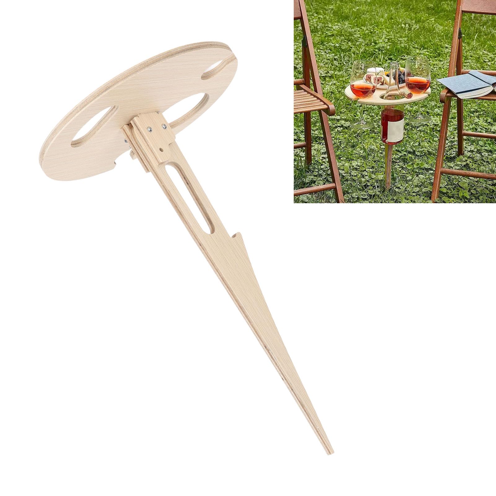 Palo Pieghevole da Tavolo per Vino con Supporto in Vetro, Portabottiglie Portatile in Legno per Picnic in Campeggio All'aperto