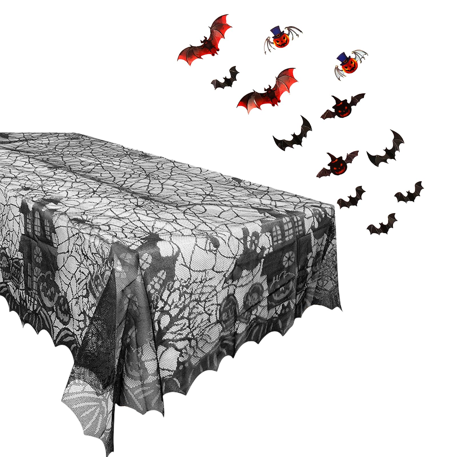 135*178cm Halloween Party Tablecloth Decoration with Pumpkin Wall Sticker DIY 3D Decorative Bats 12 Pieces,Halloween Spider Web Table cloth for Halloween Decor Outdoor Yard Party House Props Decor