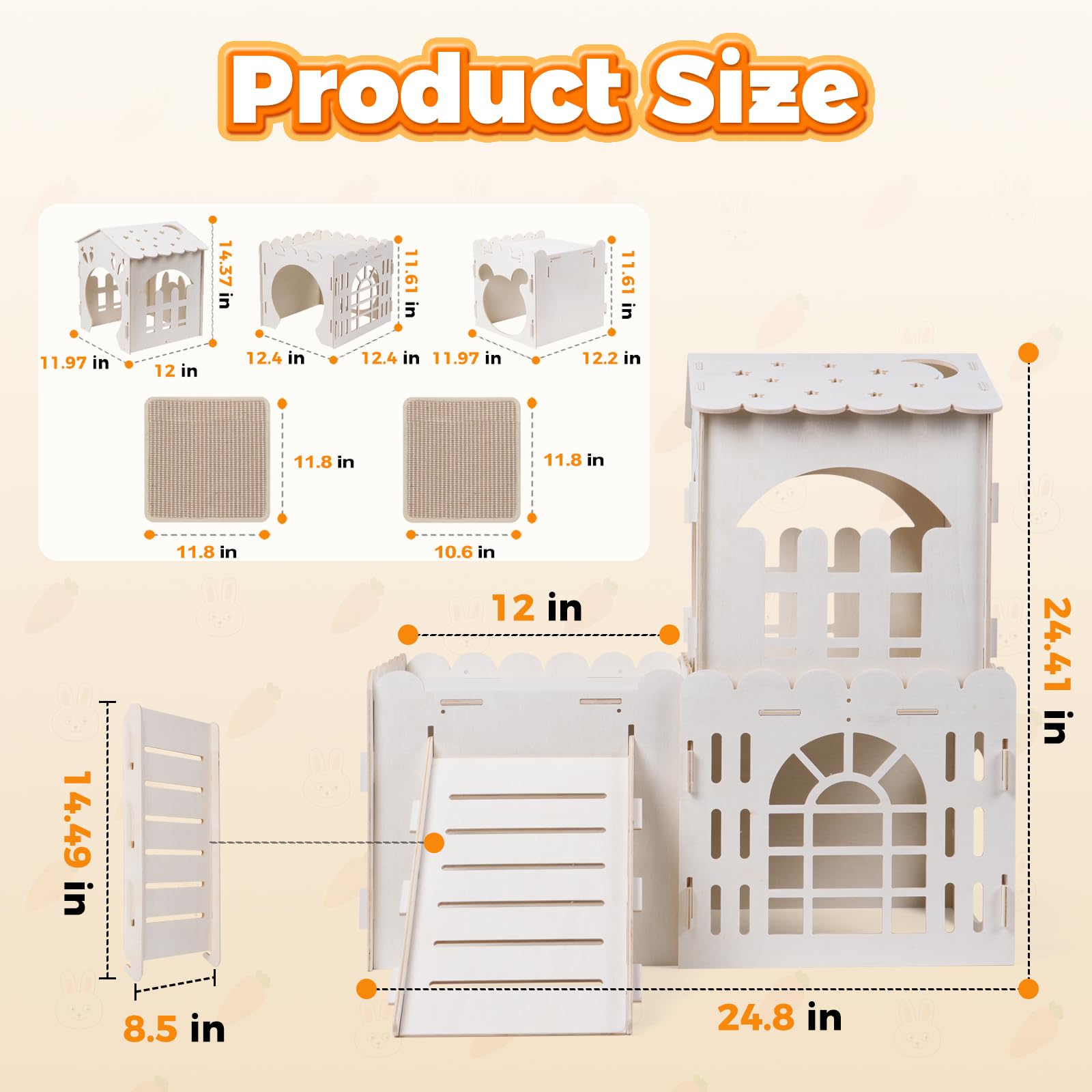 Casa grande de conejo con 2 alfombrillas para rascar conejos, castillo de conejo de madera con 3 casas en interiores, jaula de cobayas, torre de escalada de varios pisos, castillo de madera
