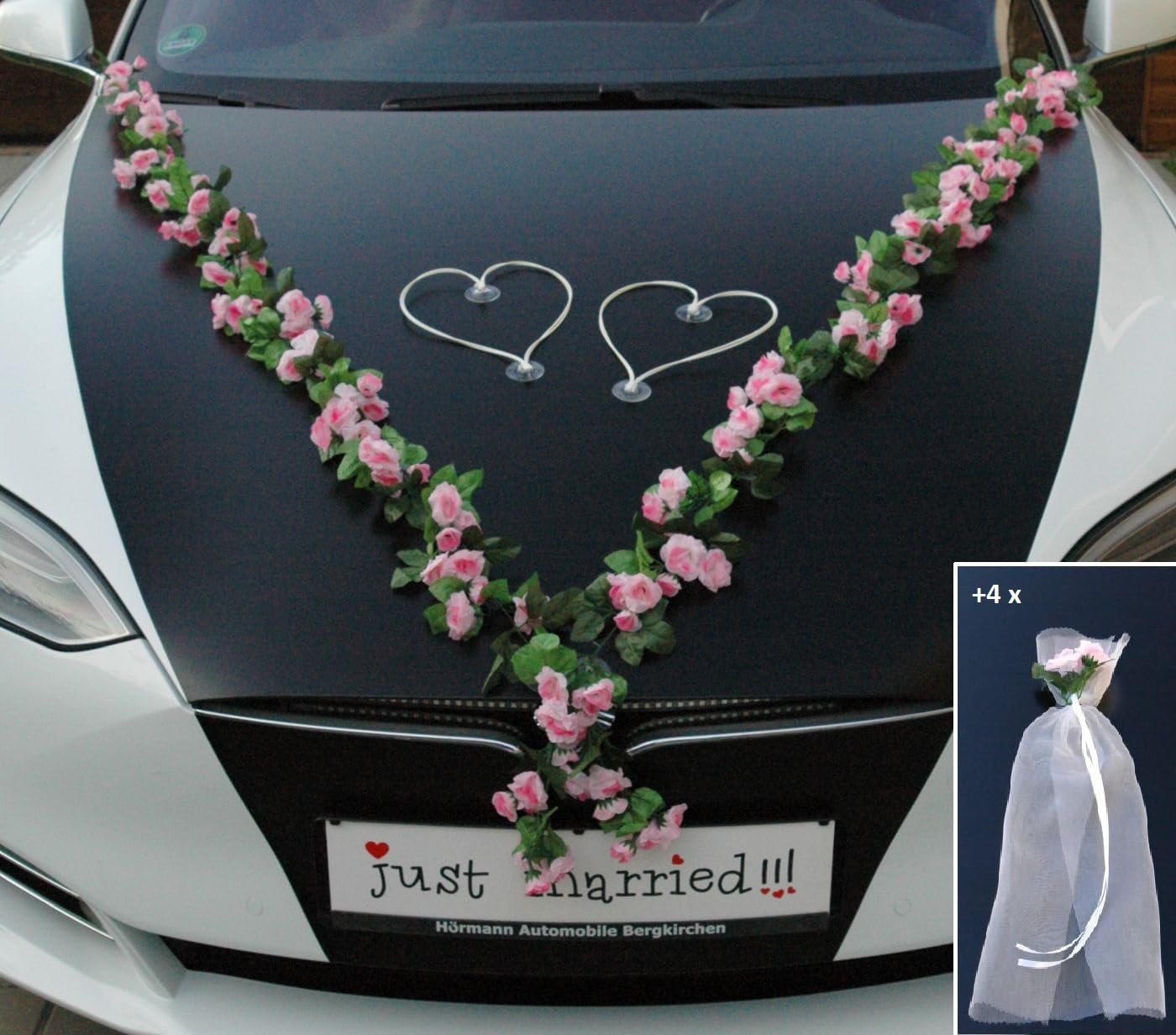 VIP Garland 30 Azaleas 30 Roses 18 Extra Strong Suction Cups 2 x 180 cm Garland 4 Door Handle Decorations 2 Rattan Hearts Bride Couple Car Decoration Wedding Car Wedding Car® Car Decoration (Pink 1)