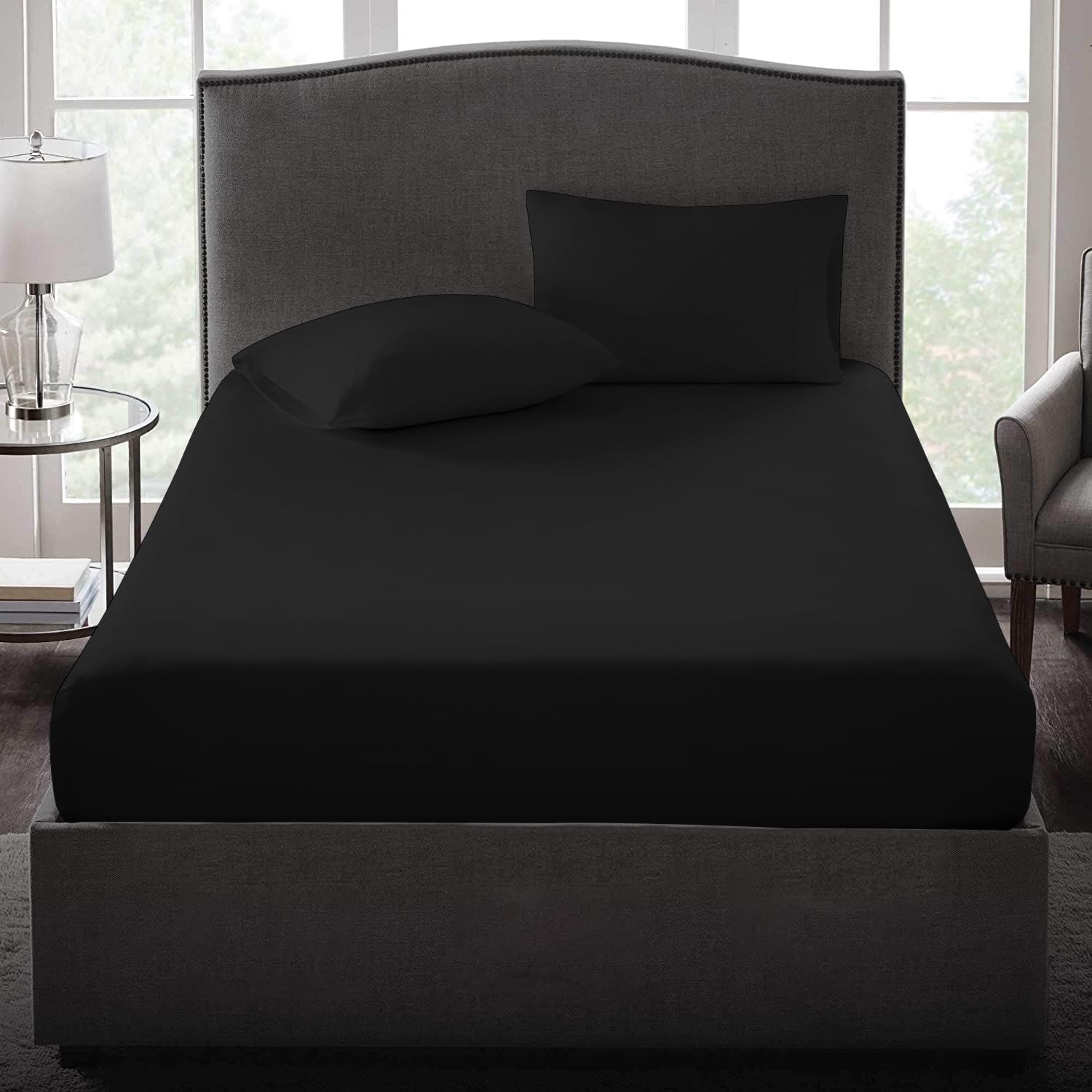 CCWB Fitted Bedsheet (360° Fully Elastic Band) with Pillow Cover| 600 TC Thread Count Softest Long Staple 100% Cotton Luxurious Comfort (Black, Single/Twin)