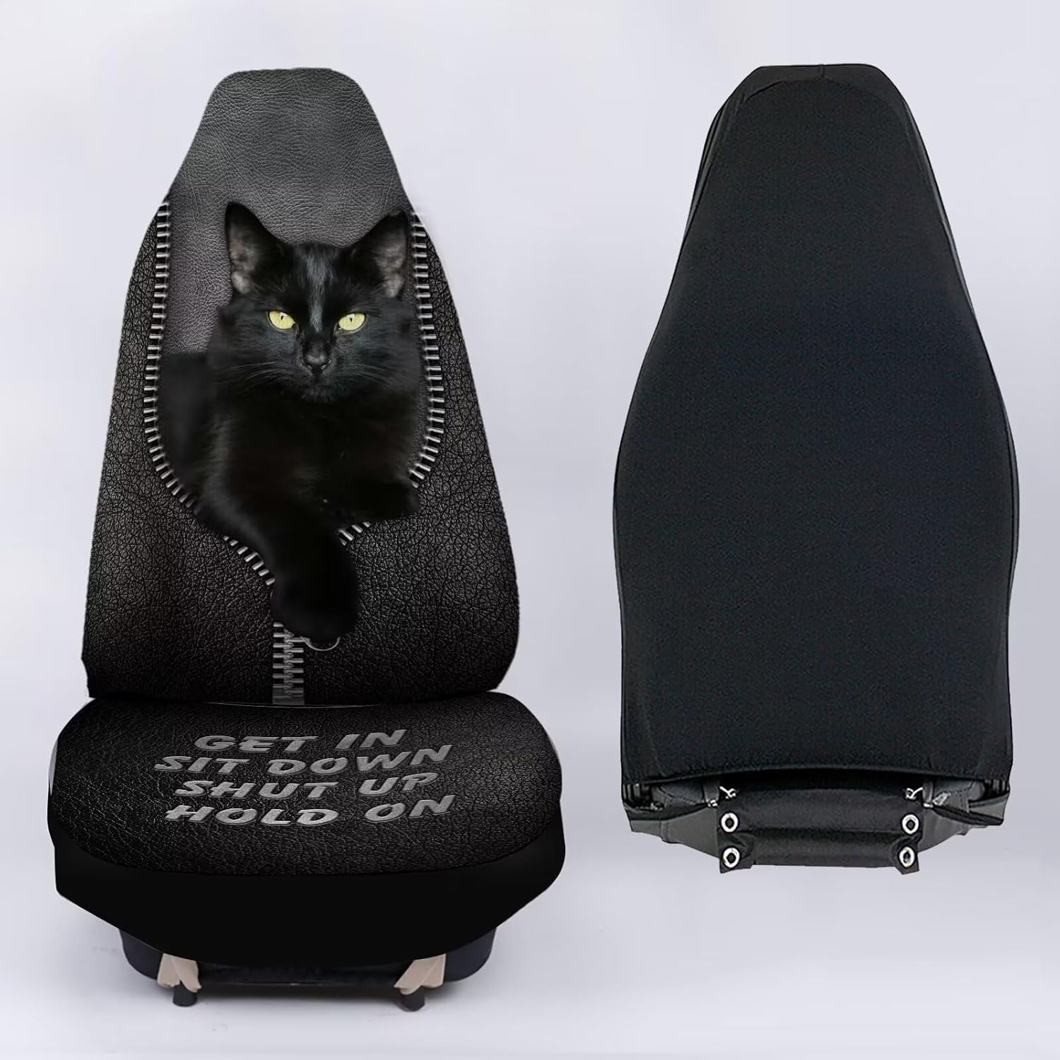 Black Bombay Cat & Zip Print Auto Seat Cover, Thin Breathable Universal Car Front Seats Accessories Interior Decor 2 Pcs