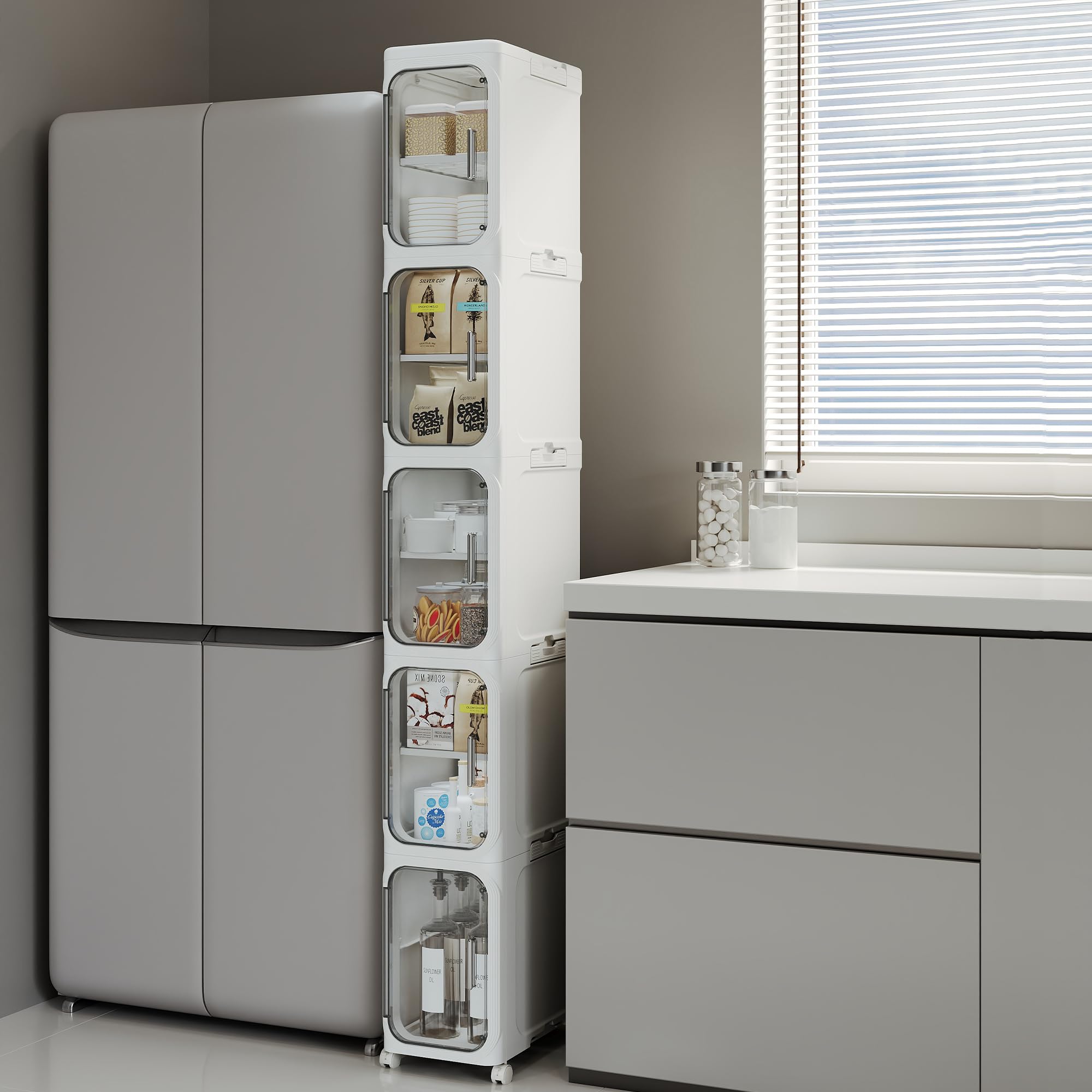 Armario de almacenamiento estrecho de 5 niveles con ruedas ajustables para baño y cocina