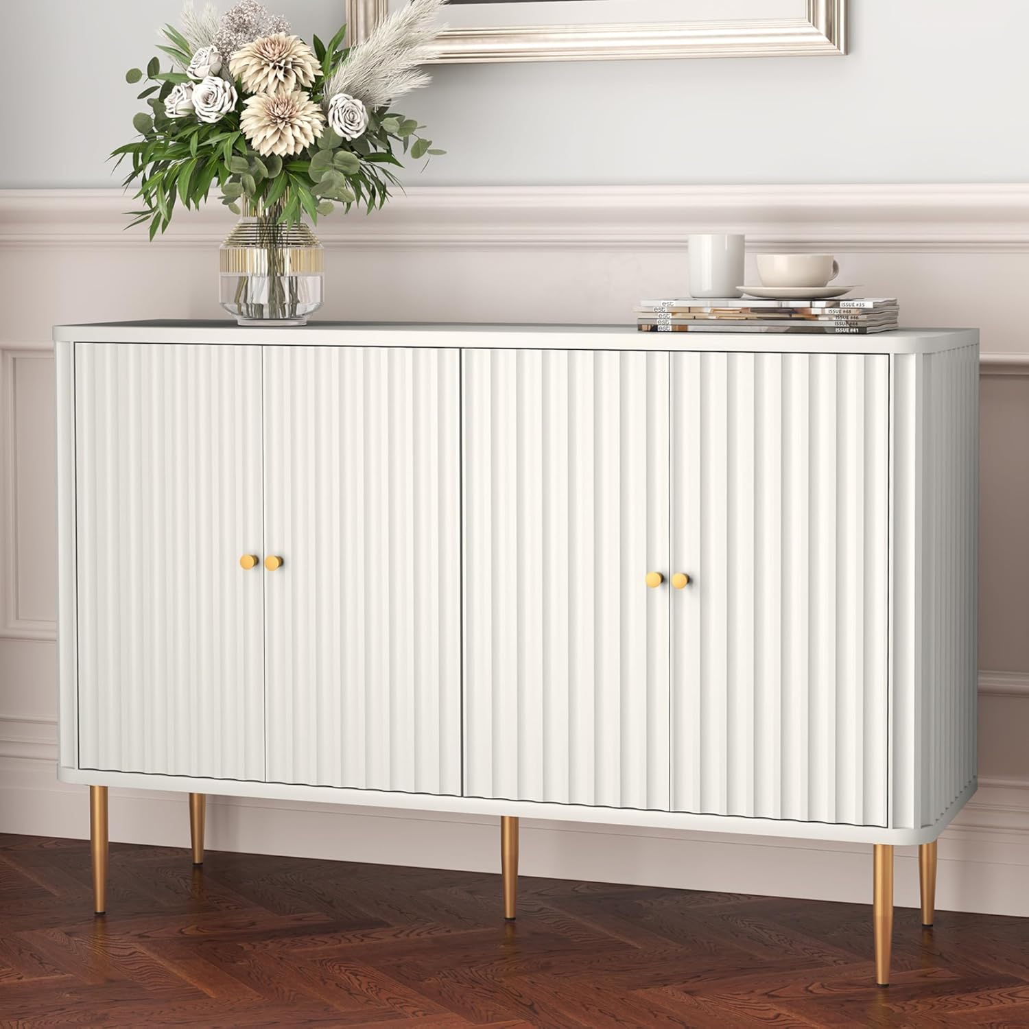 HLR Sideboard Buffet Cabinet, 48" Modern Accent Cabinet with 4 Door and Removable Shelves, Credenza with Storage for Living Room, Dinning Room, Entryway, Green