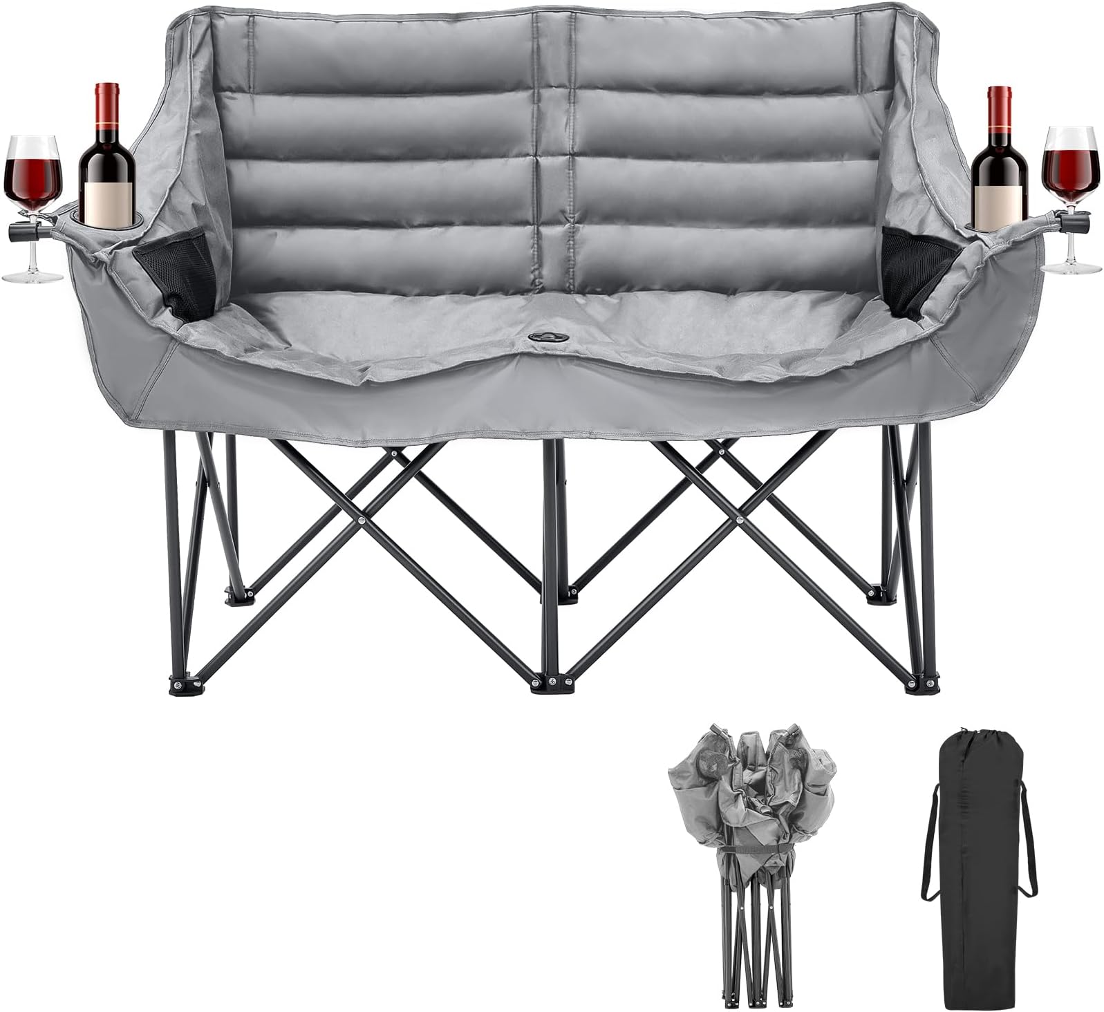 YtaoeoDouble Camping Chair for Adults, 2 Person Loveseat Camping Chair with Cup & Wine Glass Holder, Portable Padded Double Folding Chair for Outdoor Camp Lawn Picnic Sports, Support 600LBS (Grey)