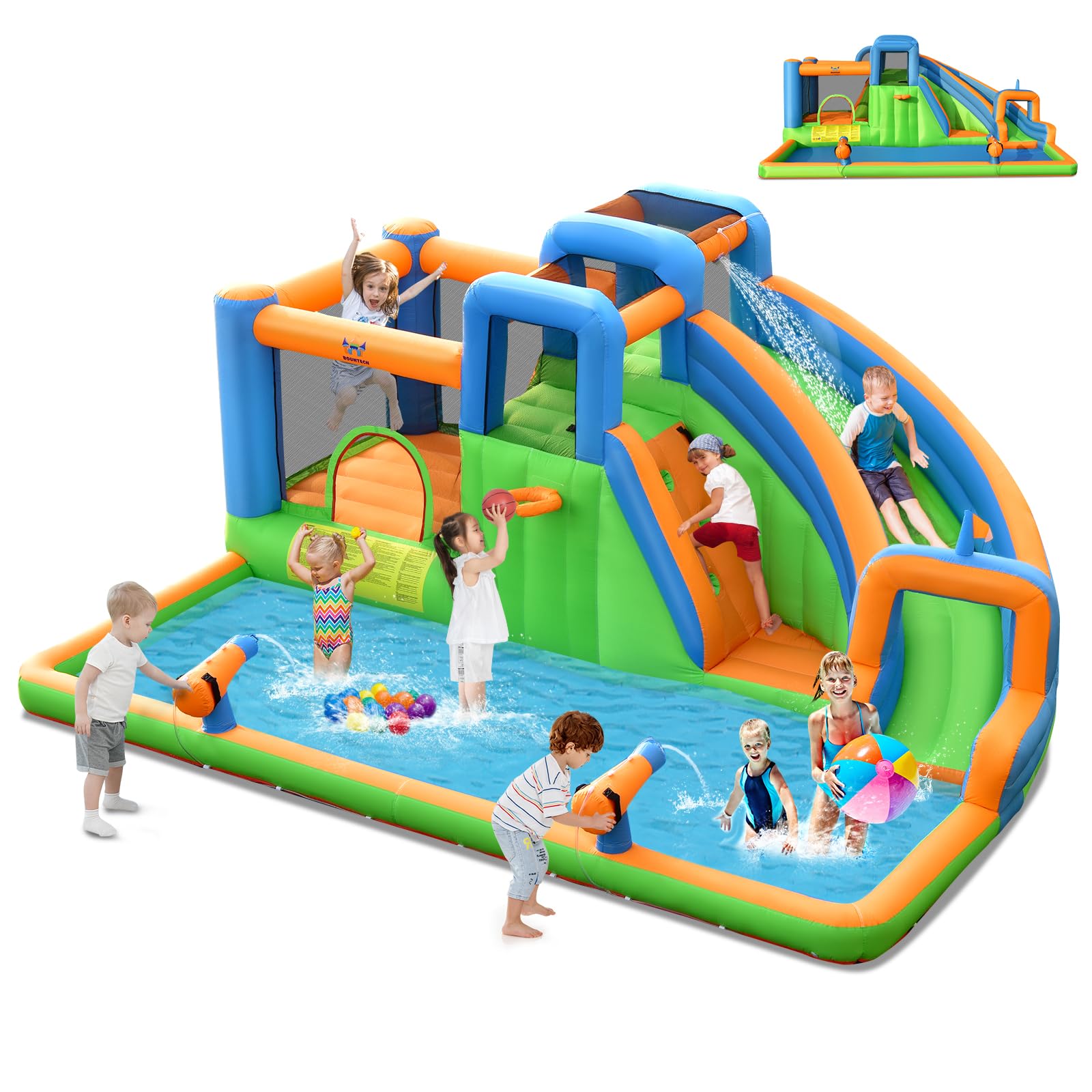 HONEY JOY Inflatable Water Slide, 7 in 1 Giant Water Park Bounce House for Outdoor Backyard, Splash Pool, Water Cannons & Climbing Walls, Blow up