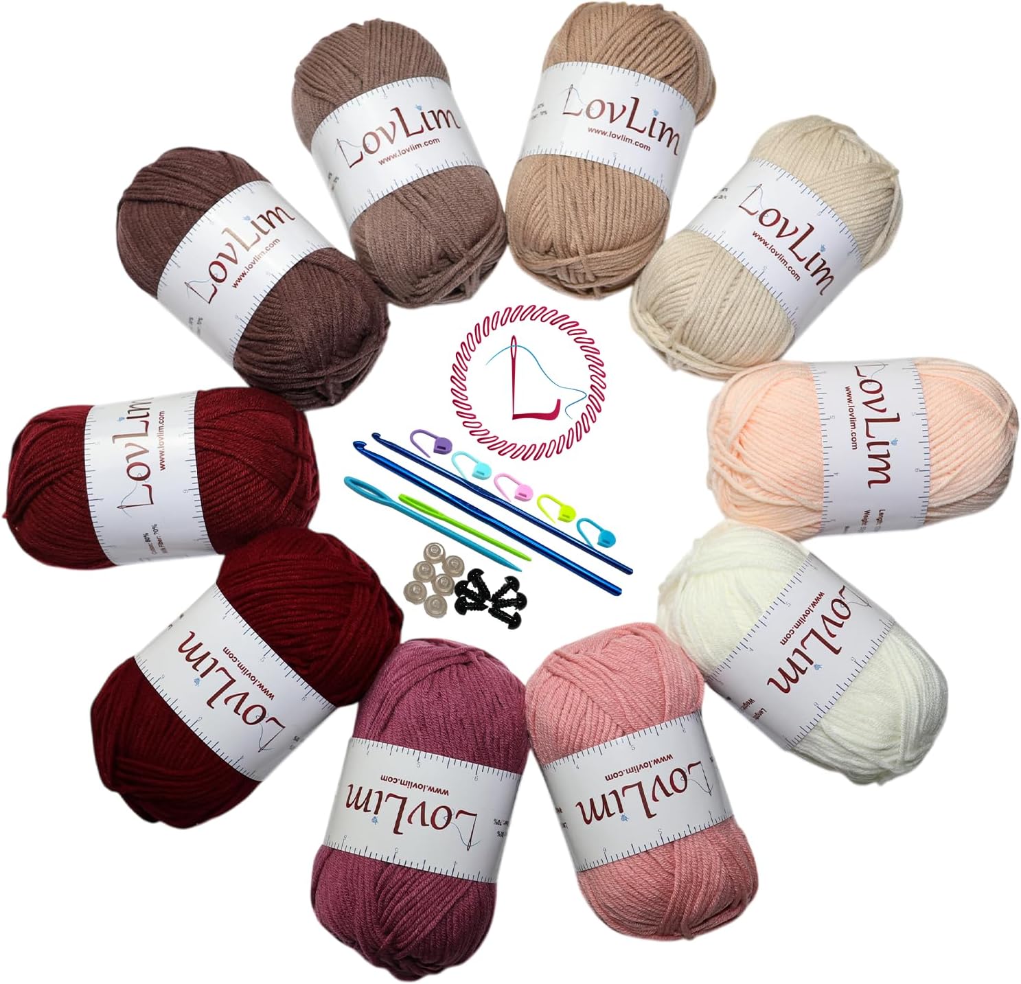 Crochet Yarn, 10x50g Soft Cotton Yarn Skeins, 1200+ Yards, for Crochet and Knitting, Free Crochet/Amigurumi Patterns, Craft DK Yarn Perfect Starter Kit (Pinkish_Brown)