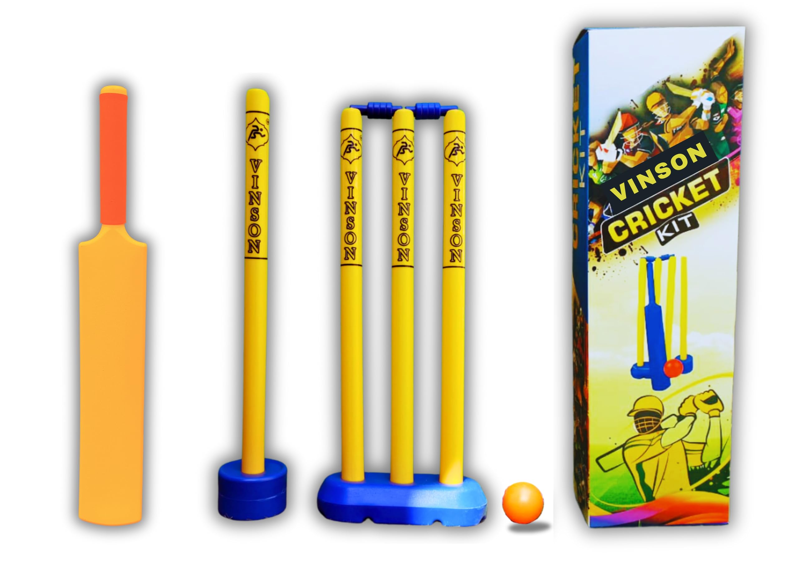 Vinson Junior Cricket Kit Set - Pack Includes Stumps, Wickets, Stands, Bat and Ball | Durable Constructions & Designed for Juniors | Indoor & Outdoor Cricket Playing Set for Kids | Birthday Gift